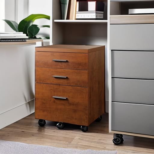 DEVAISE 3 Drawer File Cabinet for Home Office, Wood Under Desk Filing Cabinet, Rolling Printer Stand with Wheels, Walnut