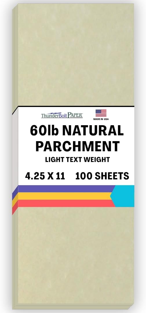 100 Natural Parchment 60# Text (=24# Bond) Paper Sheets - 4.25 X 11 Inches Half Letter Size Cut Long - 60 Pound is Not Card Weight - Vintage Colored Old Parchment Semblance