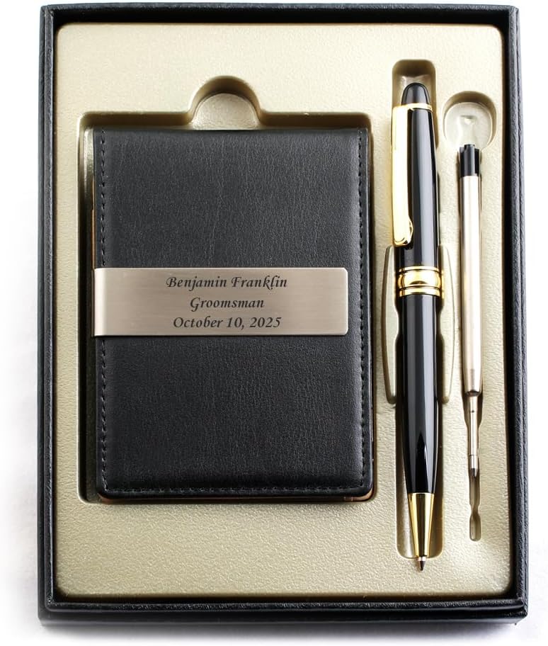 Free Engraving - Personalized Groomsmen Gift, Roller Ballpen, Ballpoint pen, Ball pen, Refillable Pen, Refill pen, Leather Money Clips, Card Holder, Three Lines Each 30 Characters
