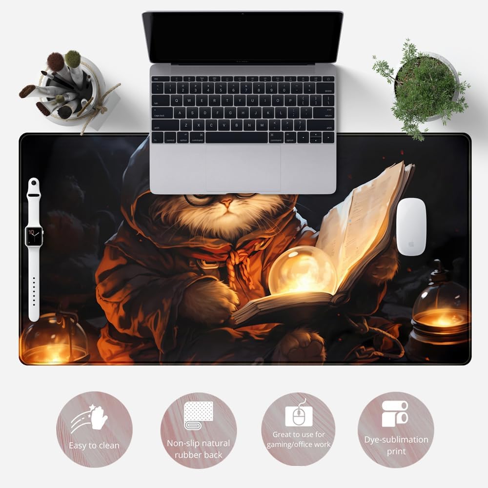 Magical Cat Desk Mouse Mat Black Vintage Desk Pad Playmat for MTG Large Mousepad Gaming Deskpad XXL Keyboard Mouse Pad Full Desktop Mat Desk Cover Mat for Work Office Home (31.5x15.7 in)