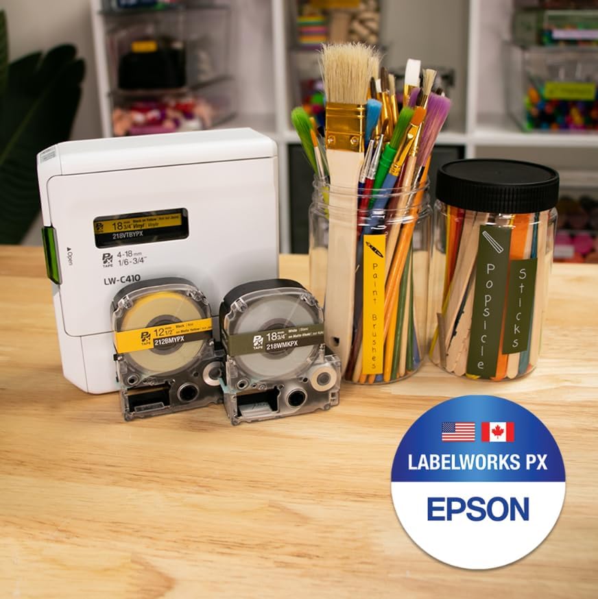 Epson LABELWORKS 224BMYPX Genuine PET (Polyester) Tape Cartridge - Black on Matte Yellow Designer Craft Label Maker Tape - 1" (24MM) Wide, 26'