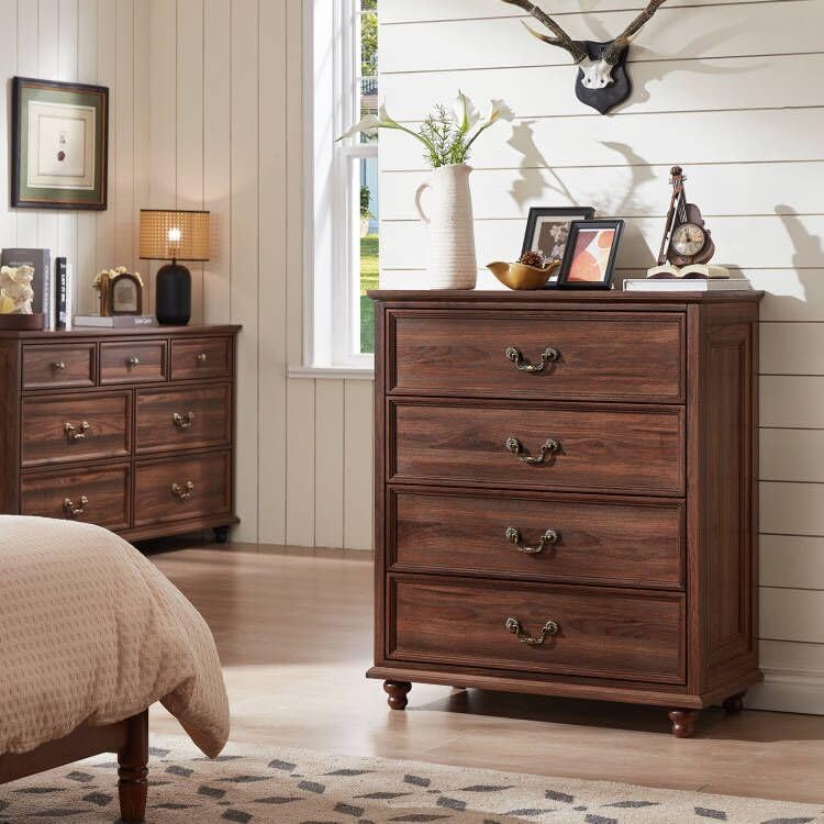 Farmhouse 4 Drawer Dresser for Bedroom, 37" Tall Rustic Chests of Drawers w/ 4 Solid Wood Feet, Mid Century Modern Wooden Closet Storage Dressers Organizer for Living Room, Hallway, Brown