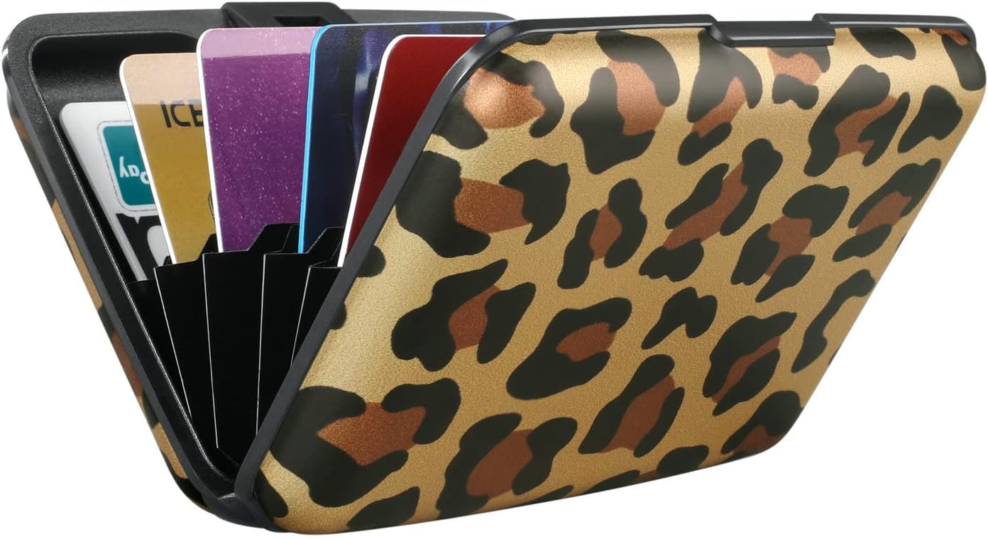 ELFISH Mini RFID Aluminum Wallet Credit Cards Holder Business Card Case Metal ID Case for Men Women(Leopard