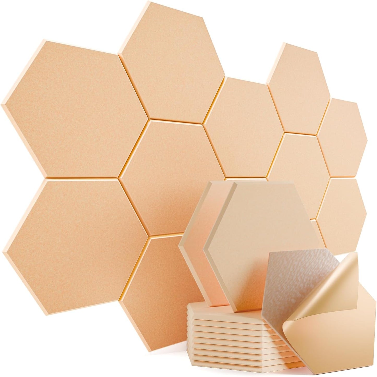 12 Pack Self-adhesive Acoustic Panels 12" X 10" X 0.4" - Sound Proof Foam Panels with High Density, Hexagonal Design, Flame Resistant, Absorb Noise and Eliminate Echoes(Light Apricot)