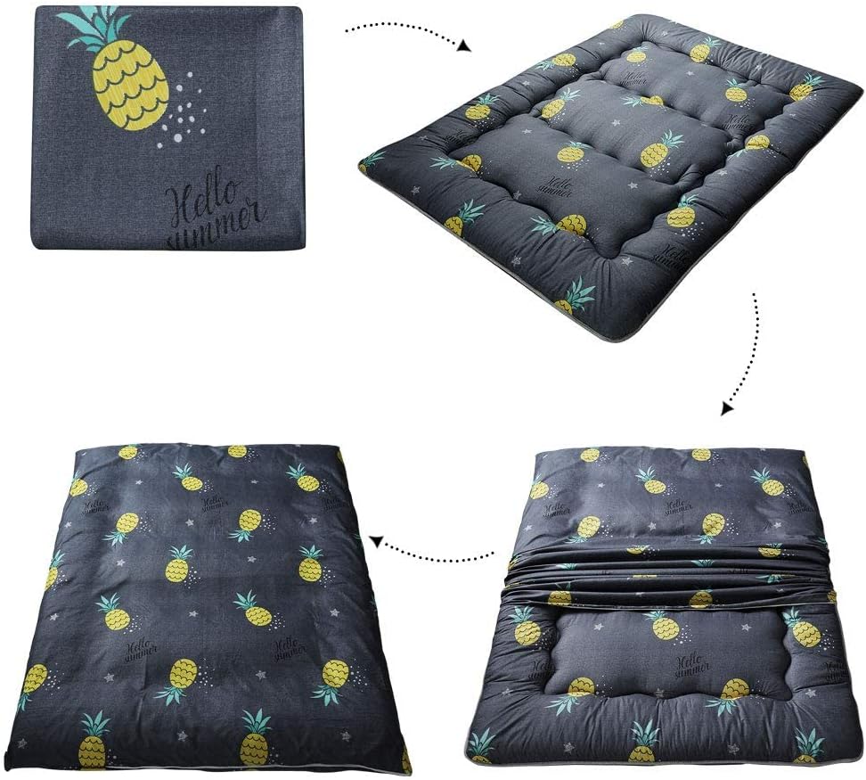 Grey Pineapple Japanese Floor Futon Mattress, Tatami Floor Mat Portable Camping Mattress Kids Sleeping Pad Foldable Roll Up Floor Lounger Couch Bed Full Size with Mattress Protector Cover