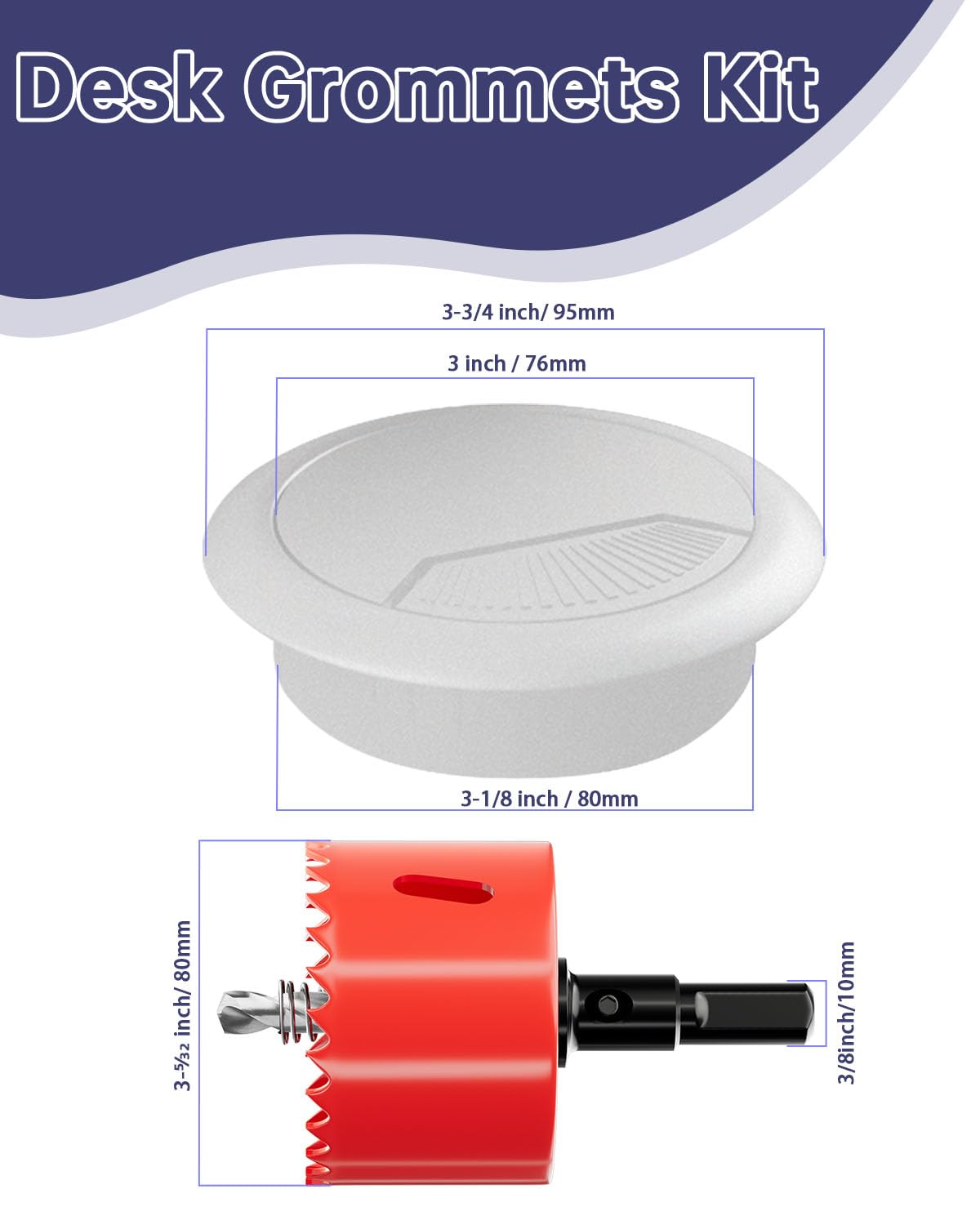 Desk Grommet 3-1/8 inch (80mm) 8 Pieces - White Desk Cable Grommet Desk Cable Hole Covers with Hole Saw for TV, Office, Wires Through Countertop and Home Table
