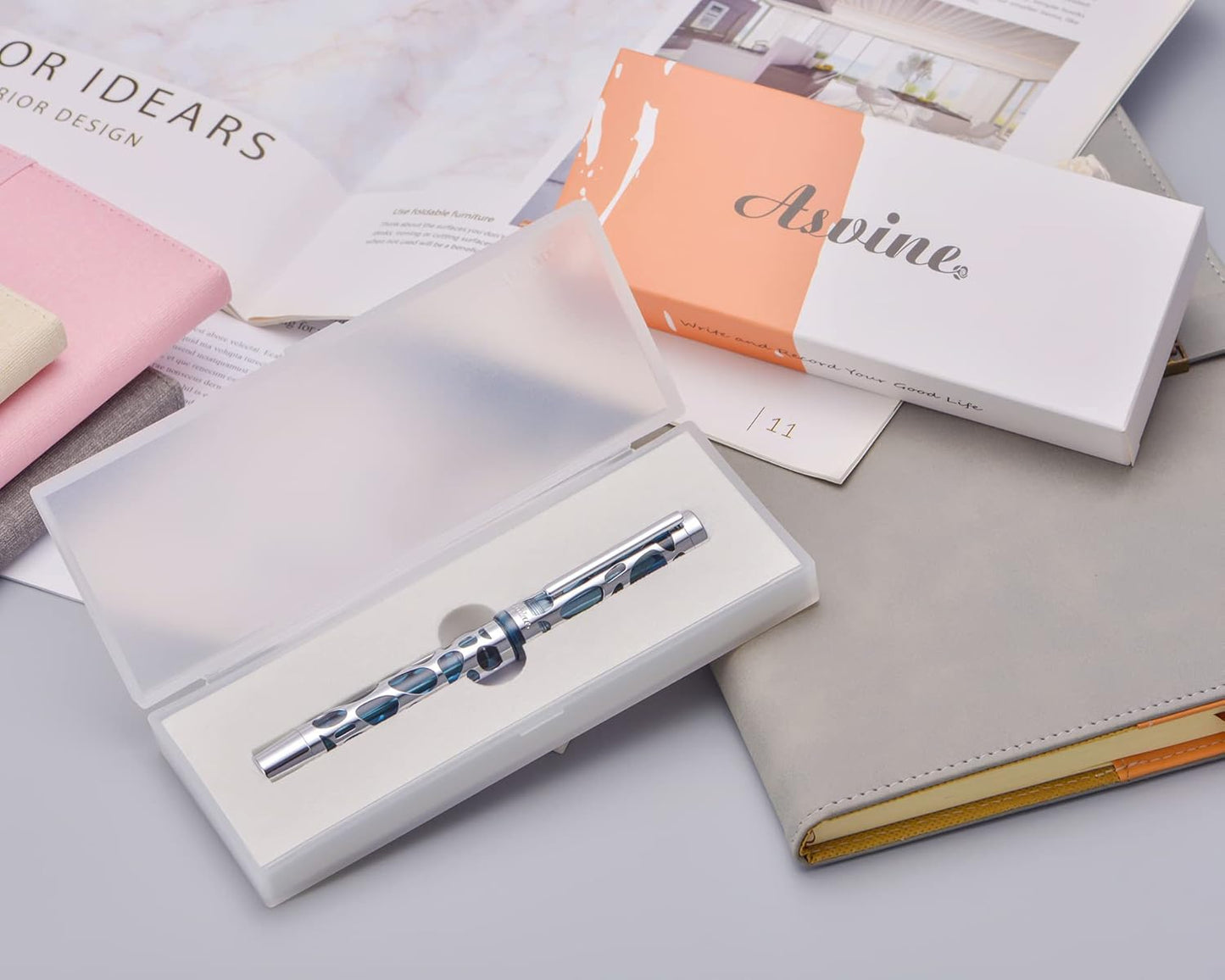 Asvine V169 Vacuum Filling Fountain Pen Medium Nib, Water Drop Skeleton Transparent Gray Blue Acrylic Pen Case Set