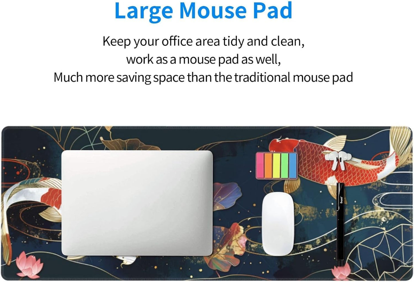 Gaming Mouse Pad Desk Pad,Extended Big Mouse Pad,31.5x11.8 Inch Long Computer Keyboard Mouse Mat Mousepad with 3mm Non-Slip Base and Stitched Edge for Gaming and Office⦠(koi)