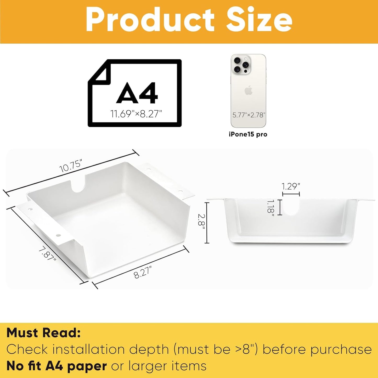 2 Pack Under Desk Hanging Shelf Drawer Organizer, Attachable Plastic Hidden Storage Tray, Easy Adhesive Mount Holder for Standing Tables, Office, Counters, Cabinets, Workstations - White