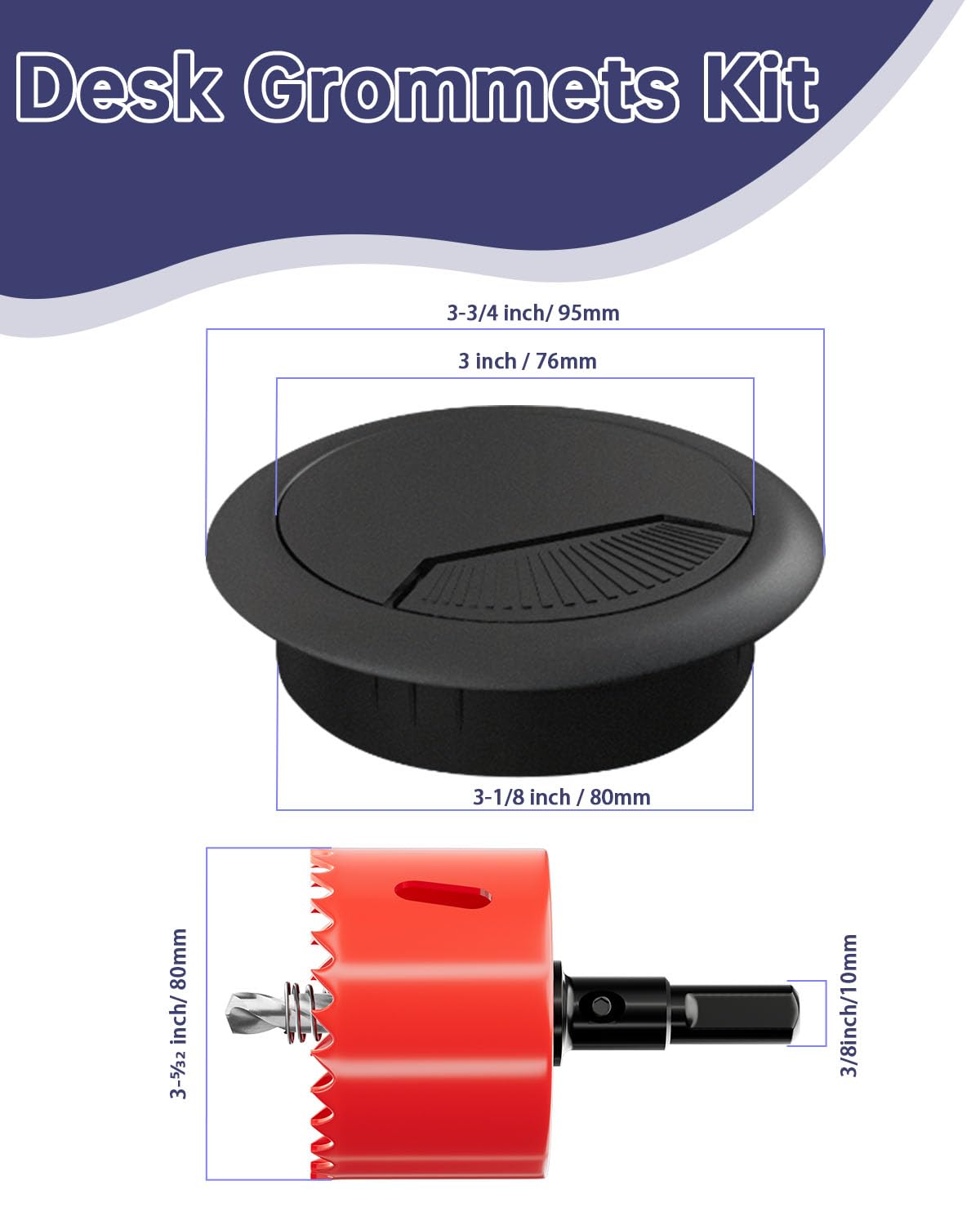 Desk Grommet 3-1/8 inch (80mm) - 8 Pack Black Cable Grommet & Desk Hole Cover with Hole Saw for Cables, Cord Management for Office, TV, and Home Table