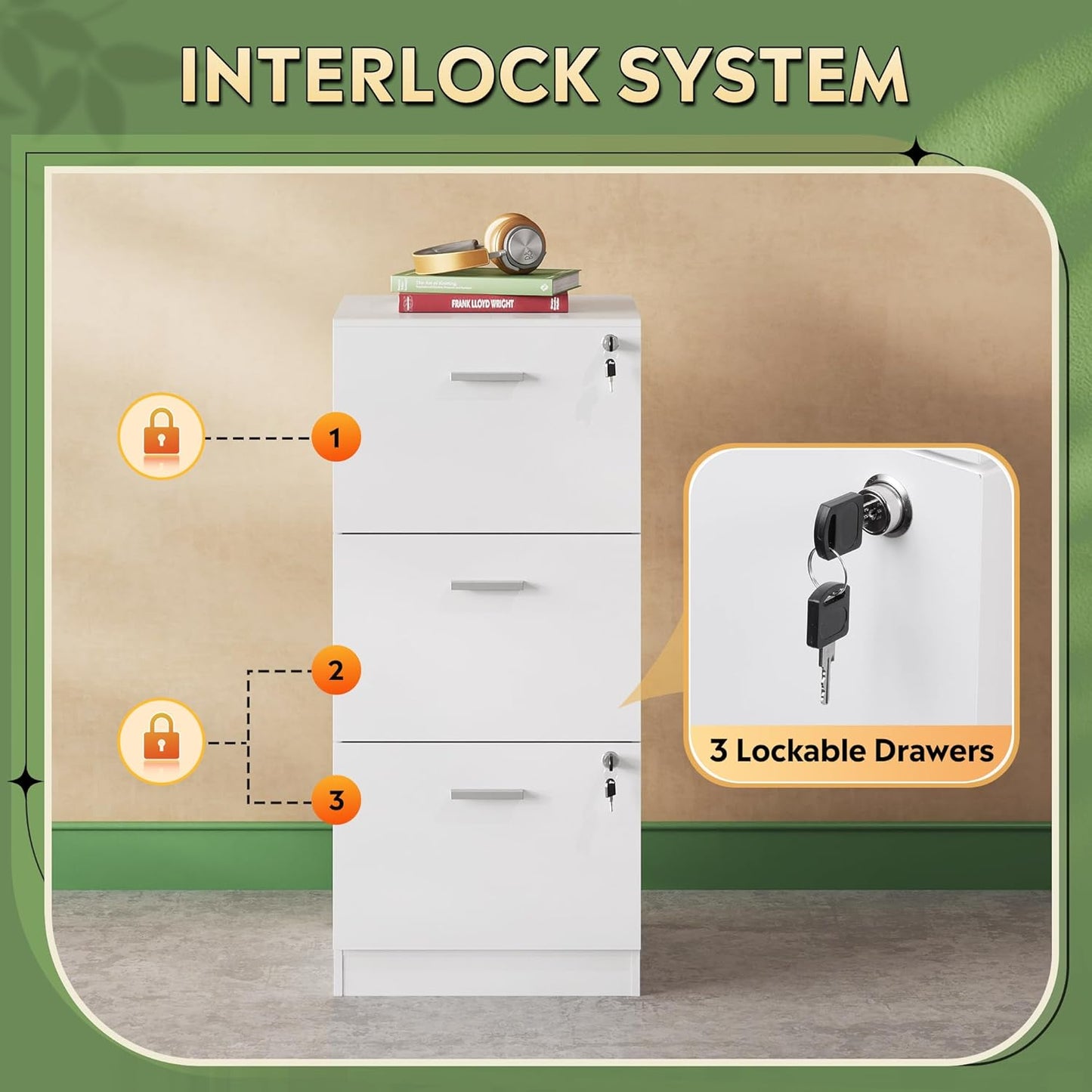 DEVAISE 3 Drawer File Cabinet with Lock, Vertical Wood Filing Cabinet for Home Office, Printer Stand for Letter and A4 Size, White