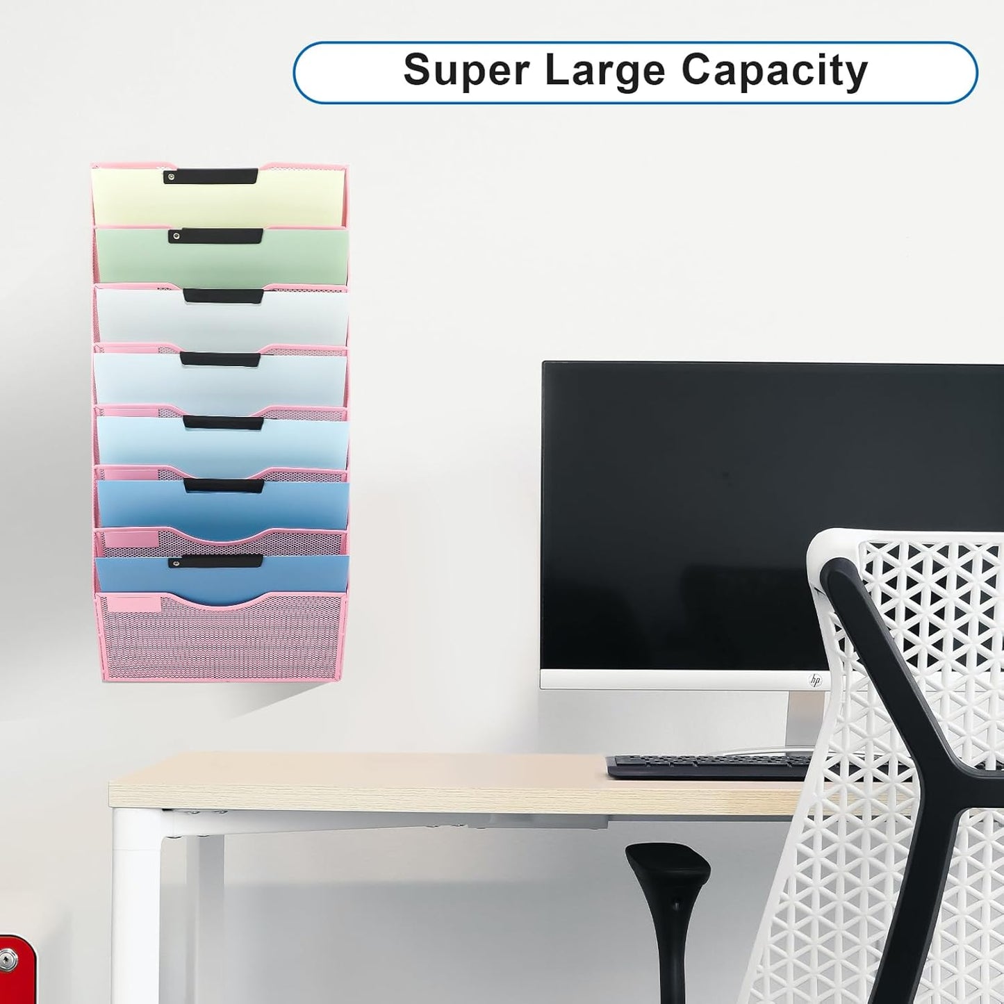 EASEPRES 8 Pocket Mesh Hanging Wall File Organizer, Wall Mounted Mail Paper Document Folder Holder, Clipboard Storage Organization Magazine Rack with Nametag Label for Office Home School, Pink