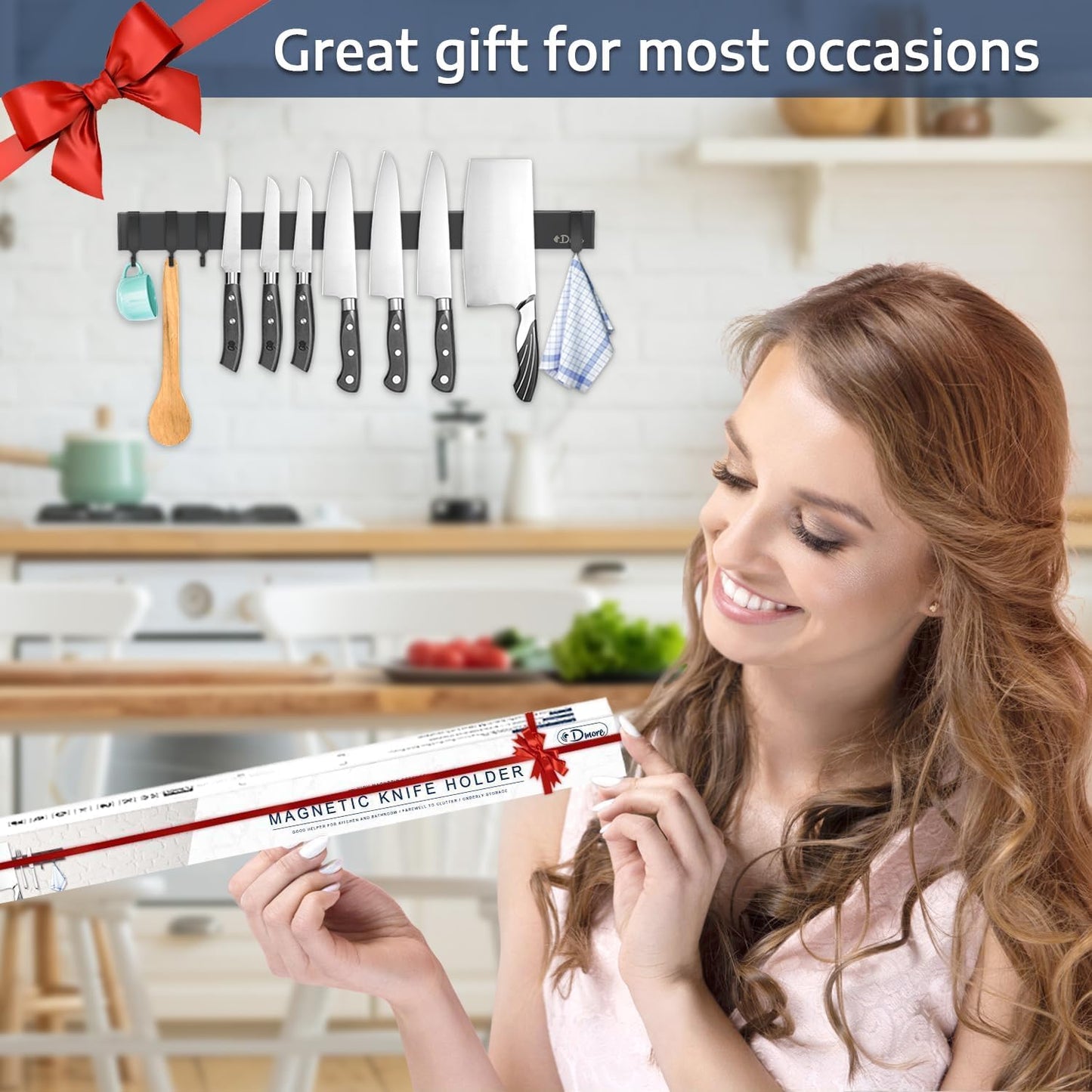 Dmore magnetic knife holder for wall—with 4 hooks, No Drilling 20 Inch black knife magnetic strip, Powerful knife magnet rack, include Adhesive Tape and screws for Knives, Utensils, and Tools