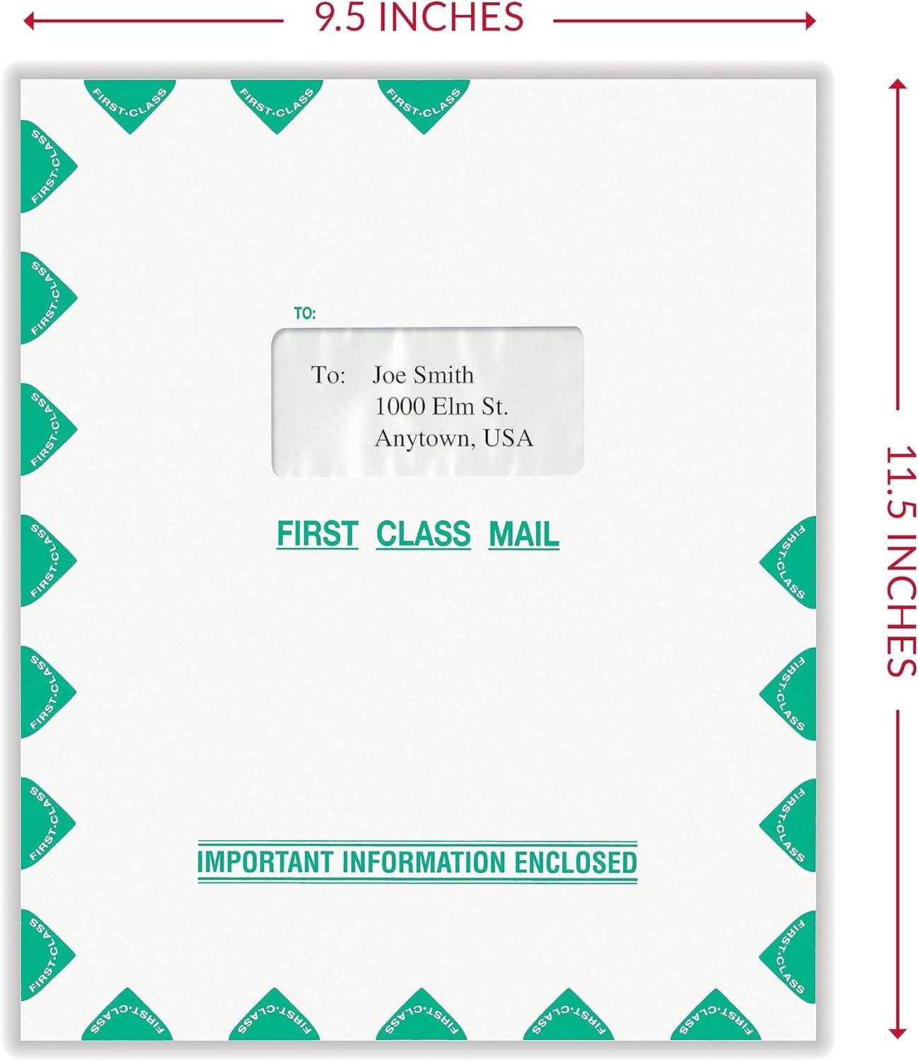 First Class Single Window Envelope | Tax Mailer, White/Green, Moisture-Seal, 9-1/2" x 11-1/2", Pack of 50