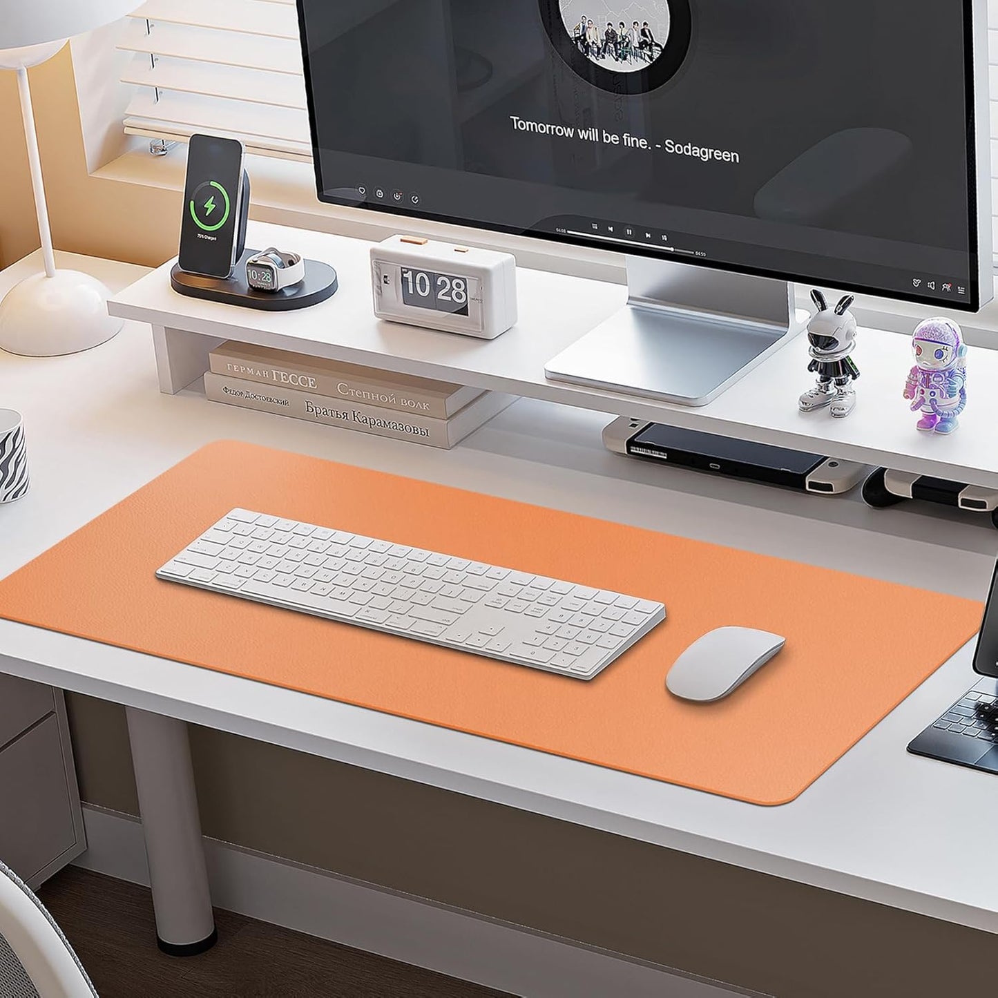 Boutilon Leather Desk Pad Protector,Non-Slip Mouse Pad,Laptop Desk Pad,Office Mouse Mat,Waterproof Leather Desk Blotter,Desk Writing Pad for Office and Home (M-Orange,30"x14")