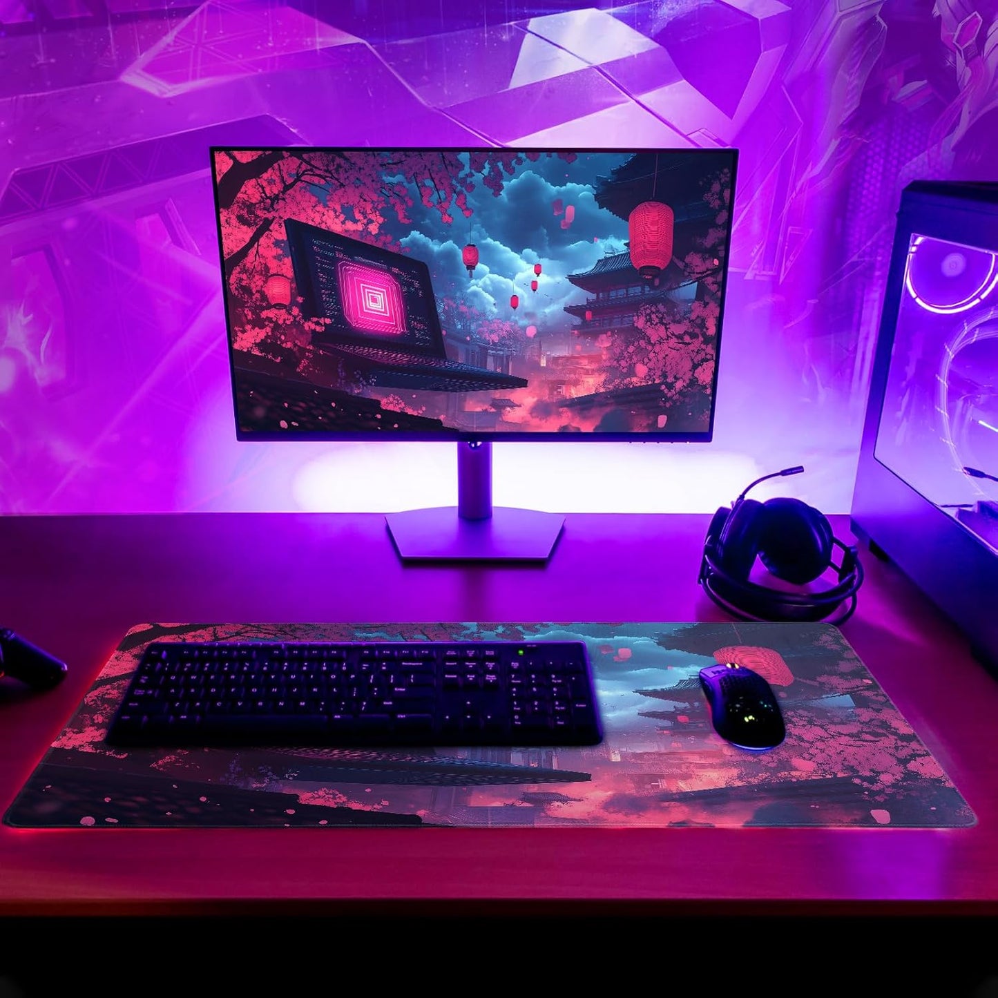 Purple Desk Mat, Anime Desk Pad Mat, Desk Matt for Desktop, XL Large Mouse Pad for Desk, Anti-Slip Big Mousepad with Stitched Edges, Keyboard Pad Mouse Mat for Gaming and Office