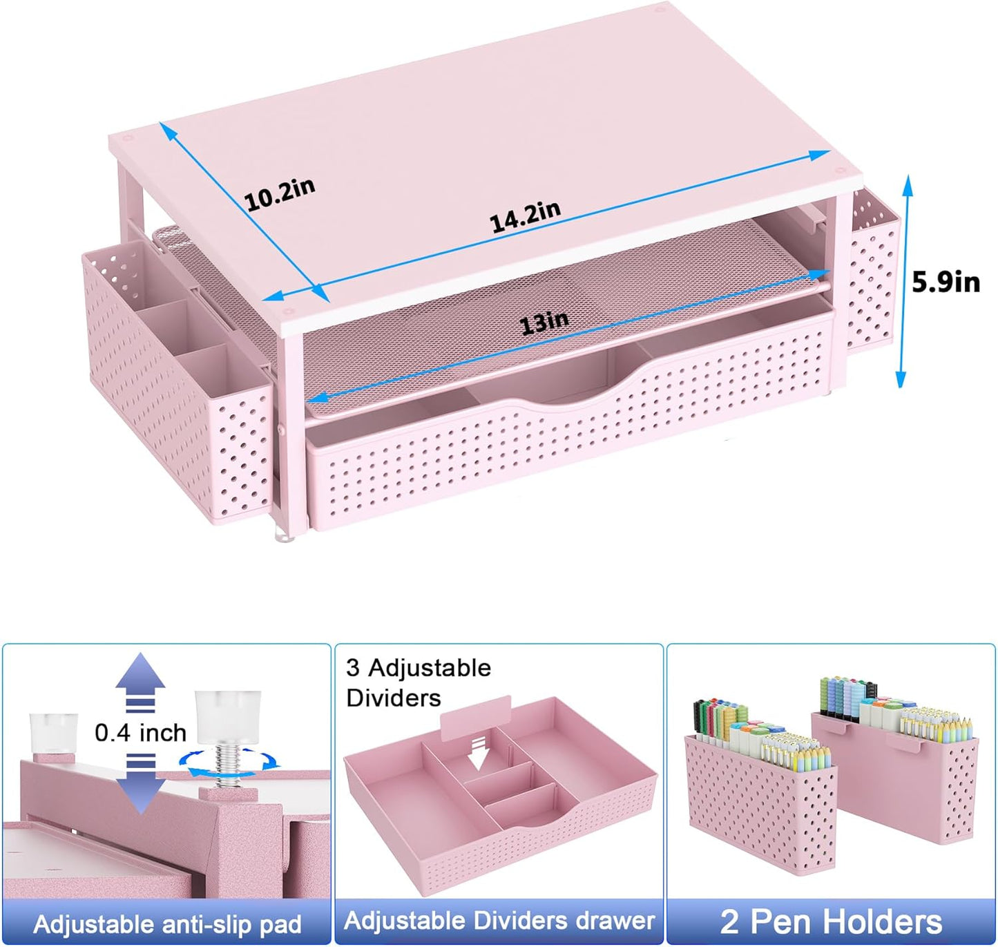 Desk Organizer and Accessories, Computer Monitor Stand Riser with Drawer and 2 Pen Holders, Office Desk Accessories & Workspace Organizers for Office Supplies (Pink)