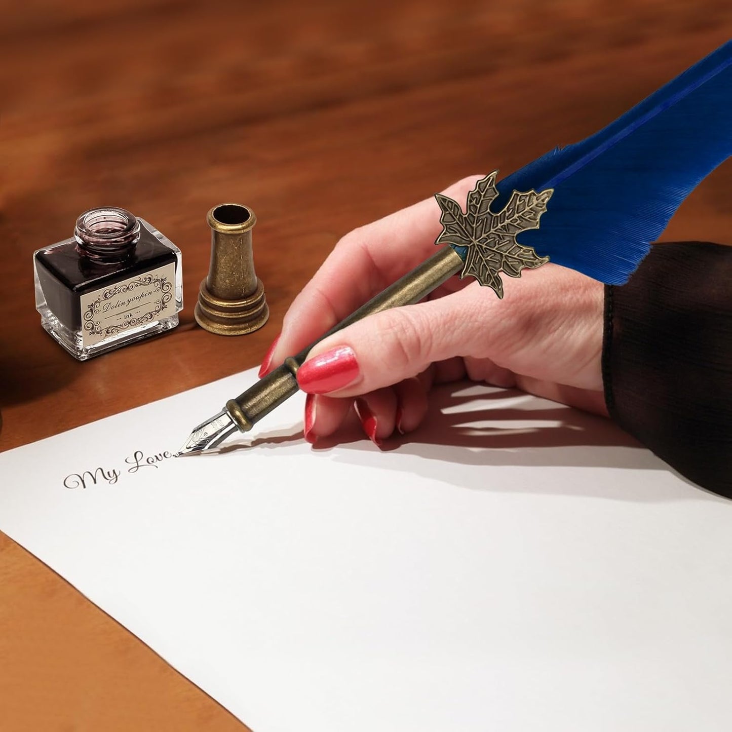 AHIER Quill Pen and Ink Set, Feather Pen Quill Pen Set Includes 5 Steel Replacement Nibs,Pen Nib Base and Dip Ink Bottle for Antique Calligraphy (Blue)