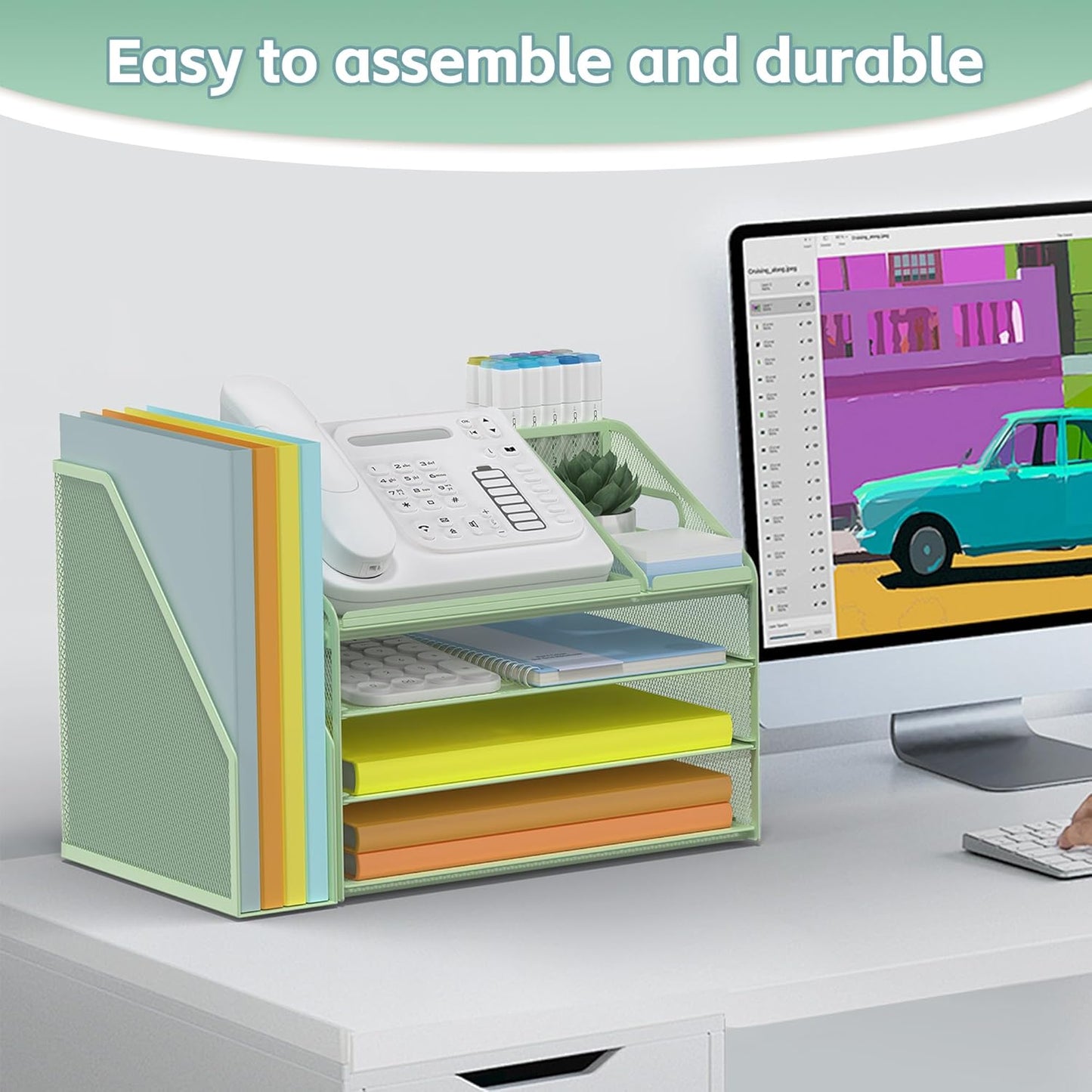 DocNest 4 Tier Paper Letter Tray File Organizer, Mesh Desk File with Handle, Workspace Desk Organizers with Pen Holder, Office Organization Storage Accessories - Green