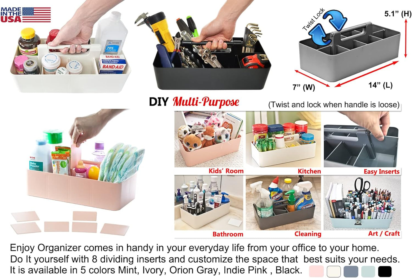 -Large Portable Caddy, DIY Dividers, 8 Compartments, School Office Supplies Home Organizer Basket with Handle Storage Organizer Made in USA (3 PACK, Indie Pink)