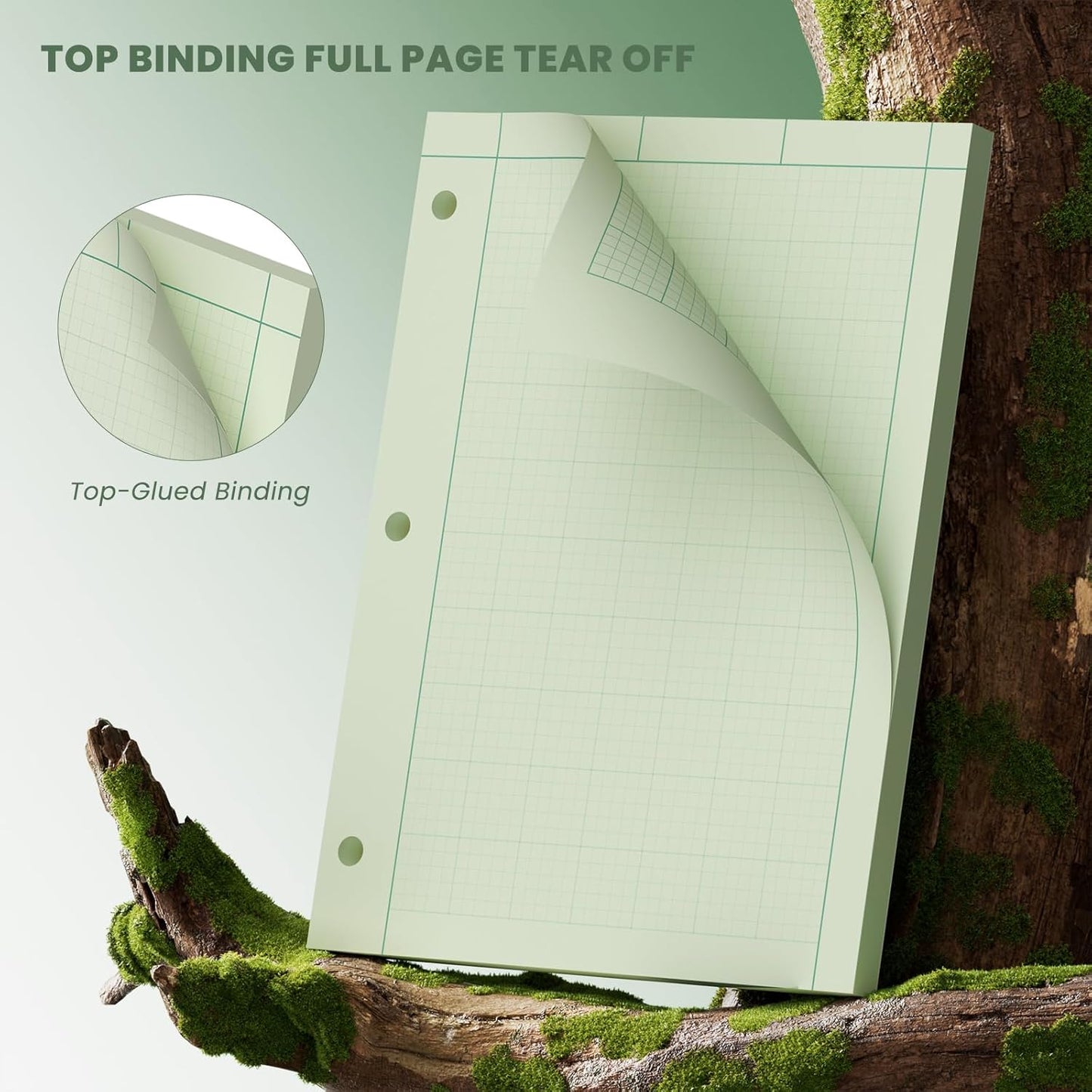 Engineering Paper 8.5 x 11, 100 Sheets Top Glue Binding Engineering Notebook, 5x5 Quad Ruled Graph Paper, 3-Hole Punched Engineering Computation Pad 8.5 x 11, Green Tint Engineering Paper Notebook