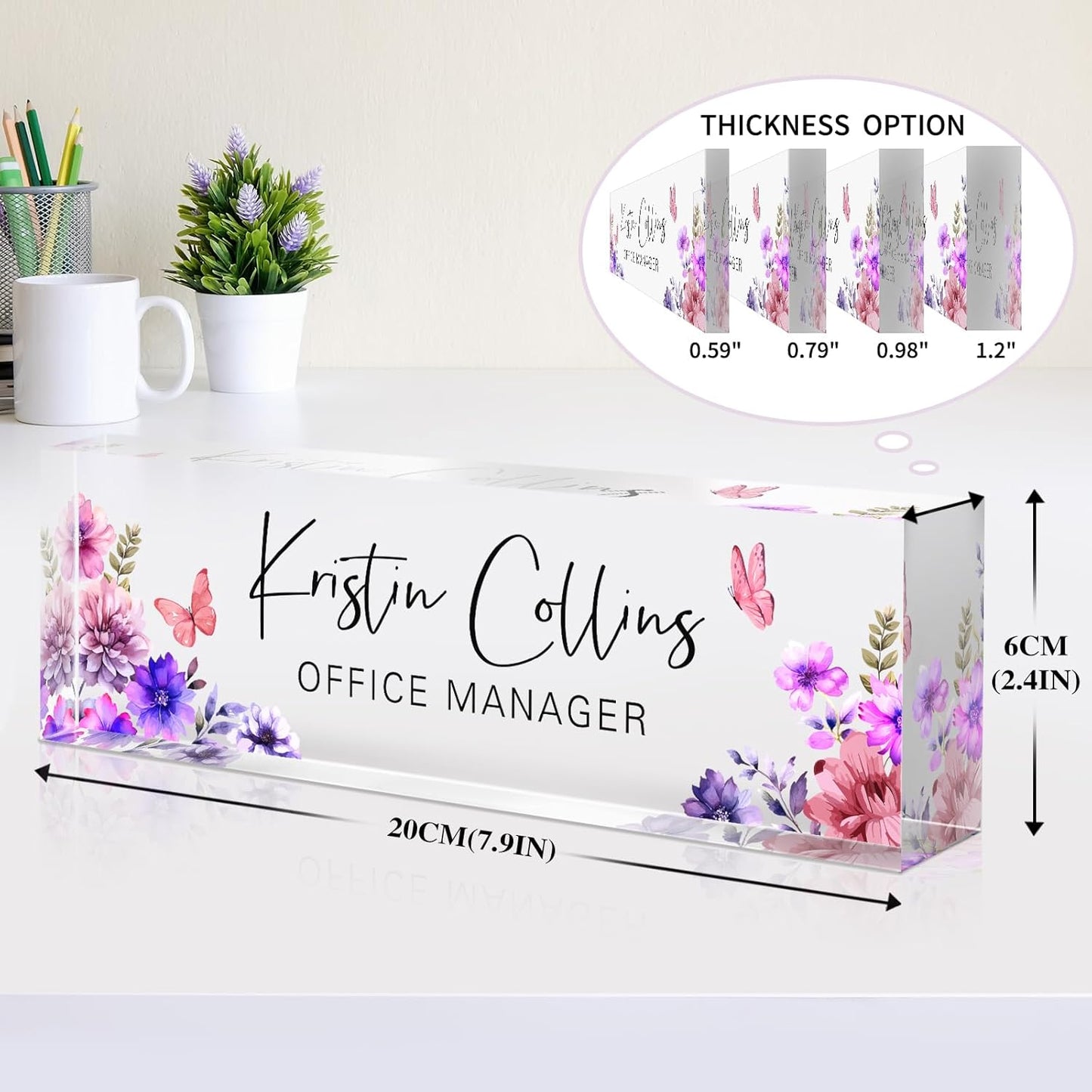 Custom Name Plate for Desk, Acrylic Office Decor For Women Men, Personalized Office Desk Accessories, Teacher Employee Appreciation Gifts For Social Worker Boss Coworkers (Purple Flower-3)