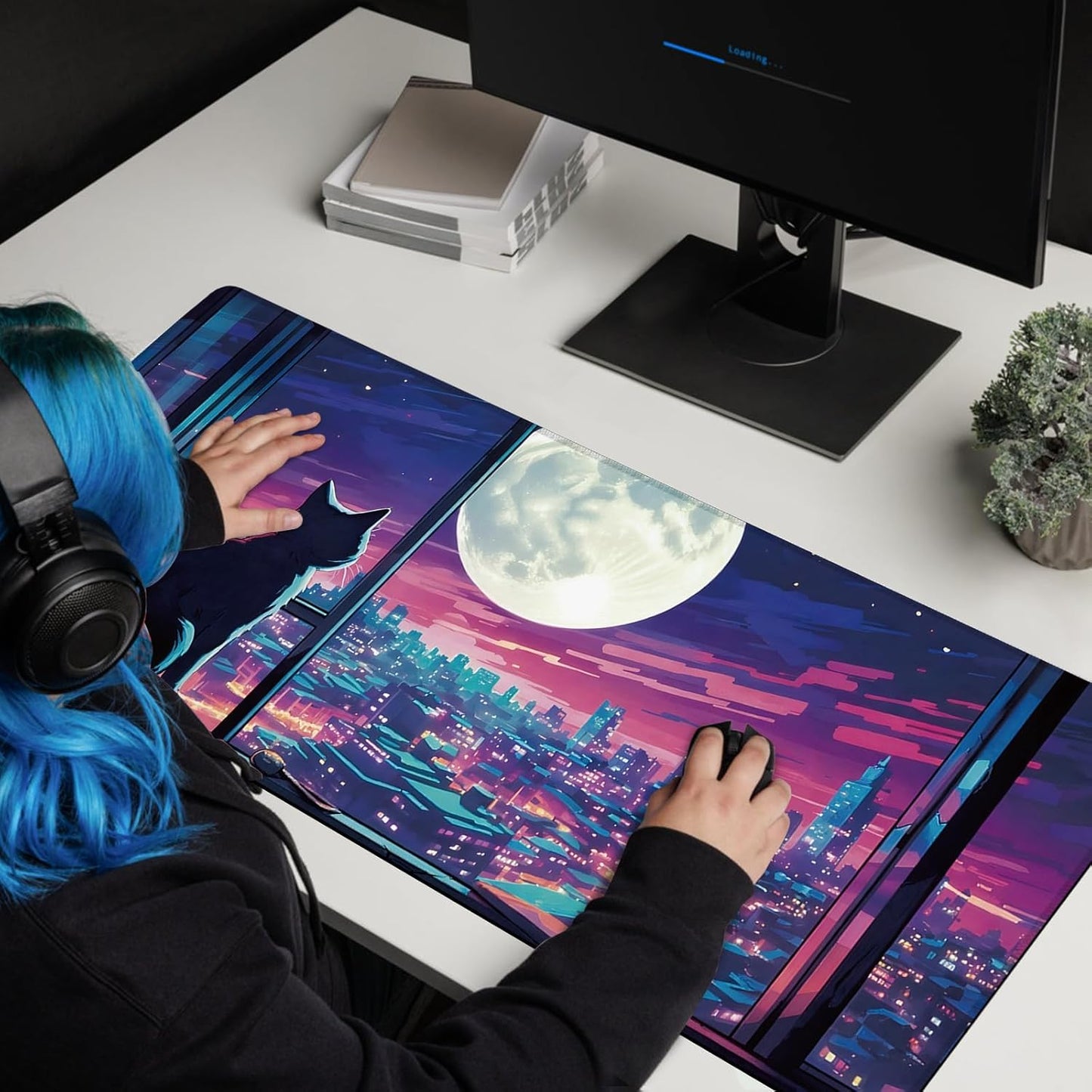 Cool Purple Moom Cat Mouse Pad, City Cats Busy Night Scene Mousead - Large Non-Slip Desk Mat for Office, PC, Laptop - 35.5"x15.7" x 3mm