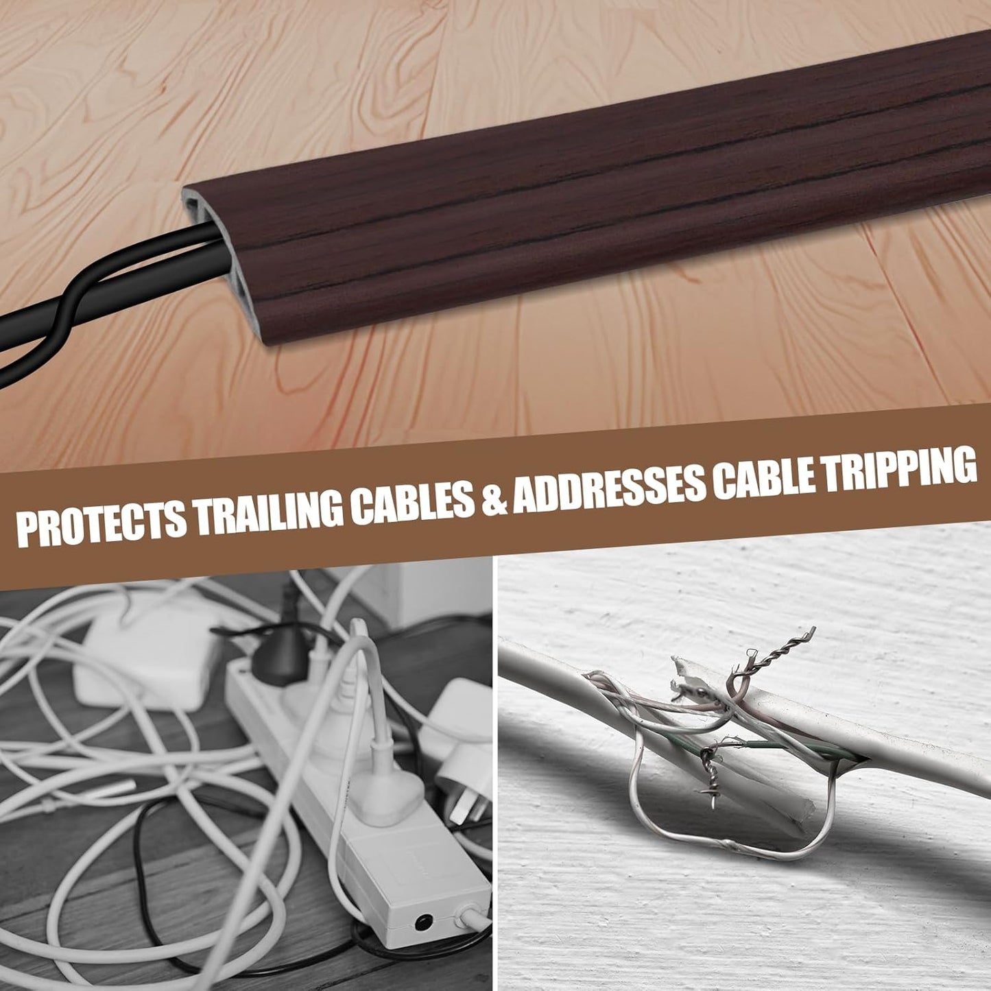 Floor Cord Cover Self Adhesive Cord Hider,20FT Cable Management, Extension Strip Protector for Wires, Prevent Cable Trips for Offices, Gyms, Exhibitions Cavity:0.39"(W) x 0.27"(H) Black Wood