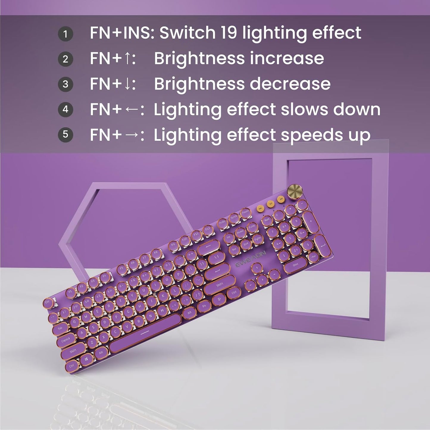 EWEADN V20 Typewriter Keyboard Wireless, 104 Keys Typewriter Style Mechanical with White Backlit, Media Knob, Pink Switch 2.4G/Bluetooth/USB-C Wired Retro Full Size Keyboard for Windows/Mac/PC-Purple