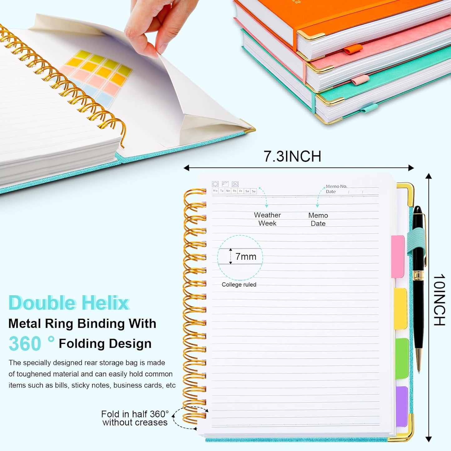 Hardcover Spiral Notebook 8"x10" Journal Notebook with Tabs and Removable Dividers 300 Pages 5 Subject Notebook College Ruled, Faux Leather Spiral Bound Notebook for Women, Students, School Work (Blue)