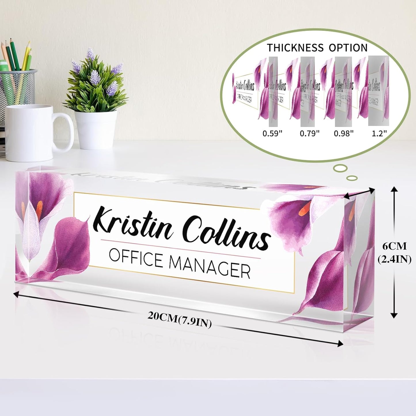 Custom Name Plate for Desk, Acrylic Office Decor For Women Men, Personalized Office Desk Accessories, Teacher Employee Appreciation Gifts For Social Worker Boss Coworkers (Purple Flower-2)