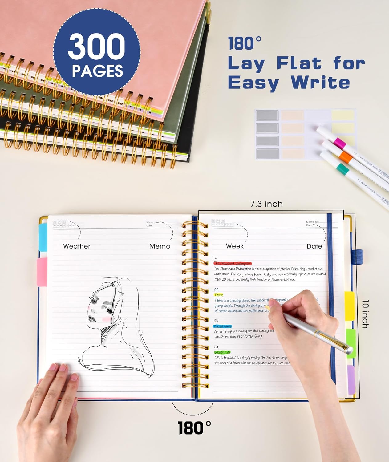 Hardcover Spiral Notebook journal with Removable Dividers Tabs, 300 Pages Leather 5 Subject Notebook College Ruled, 8"x10" Large B5 Notebooks for Work School Note taking, Lined Journal for Women,Navy