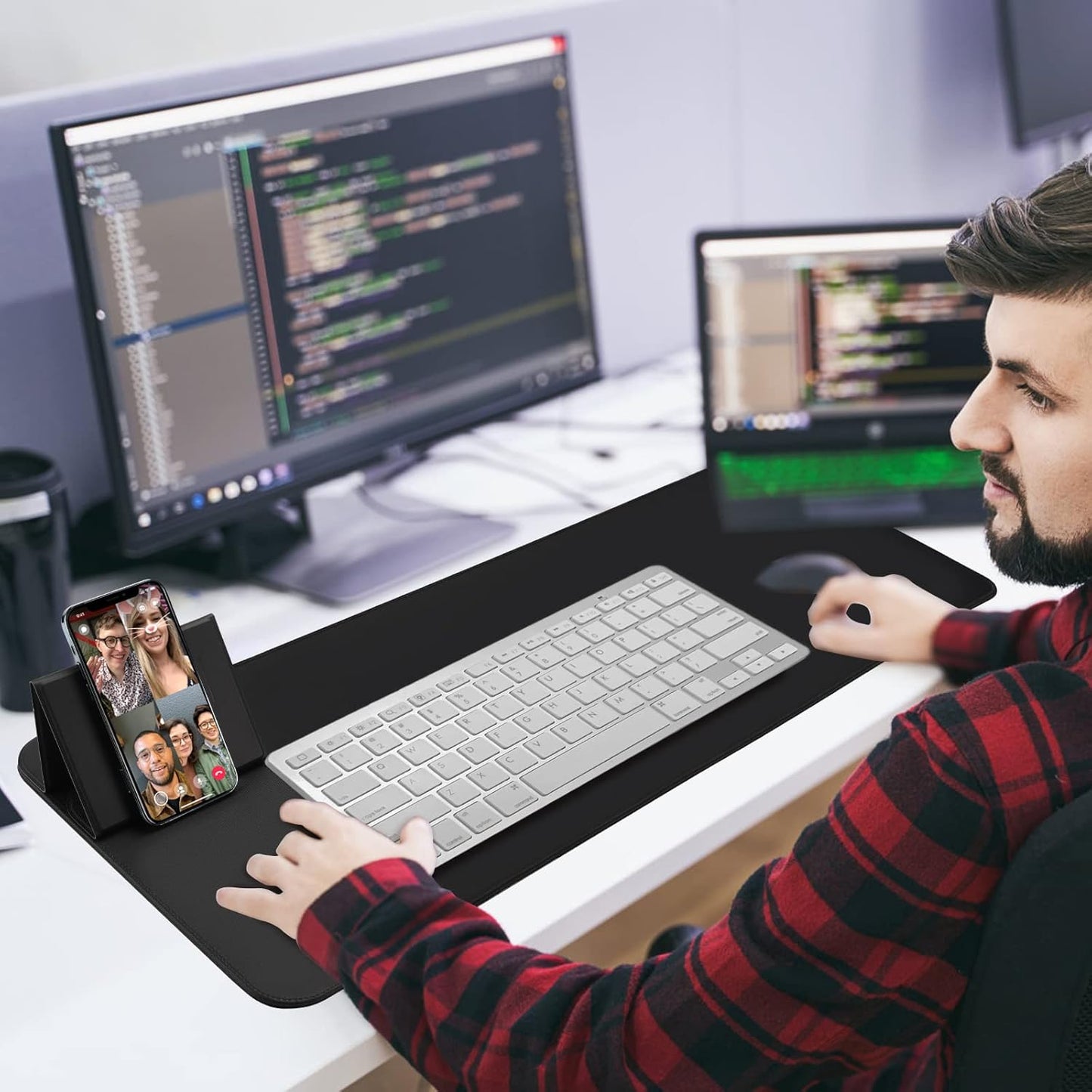 Wireless Charging Mouse Pad with Phone Holder Gaming Mousepad Desk Mat 15W Qi Fast Charging Pad Ultra-Smooth Surface Non-Slip Extended Premium Black Computer Keyboard Mat for MacBook PC Laptop