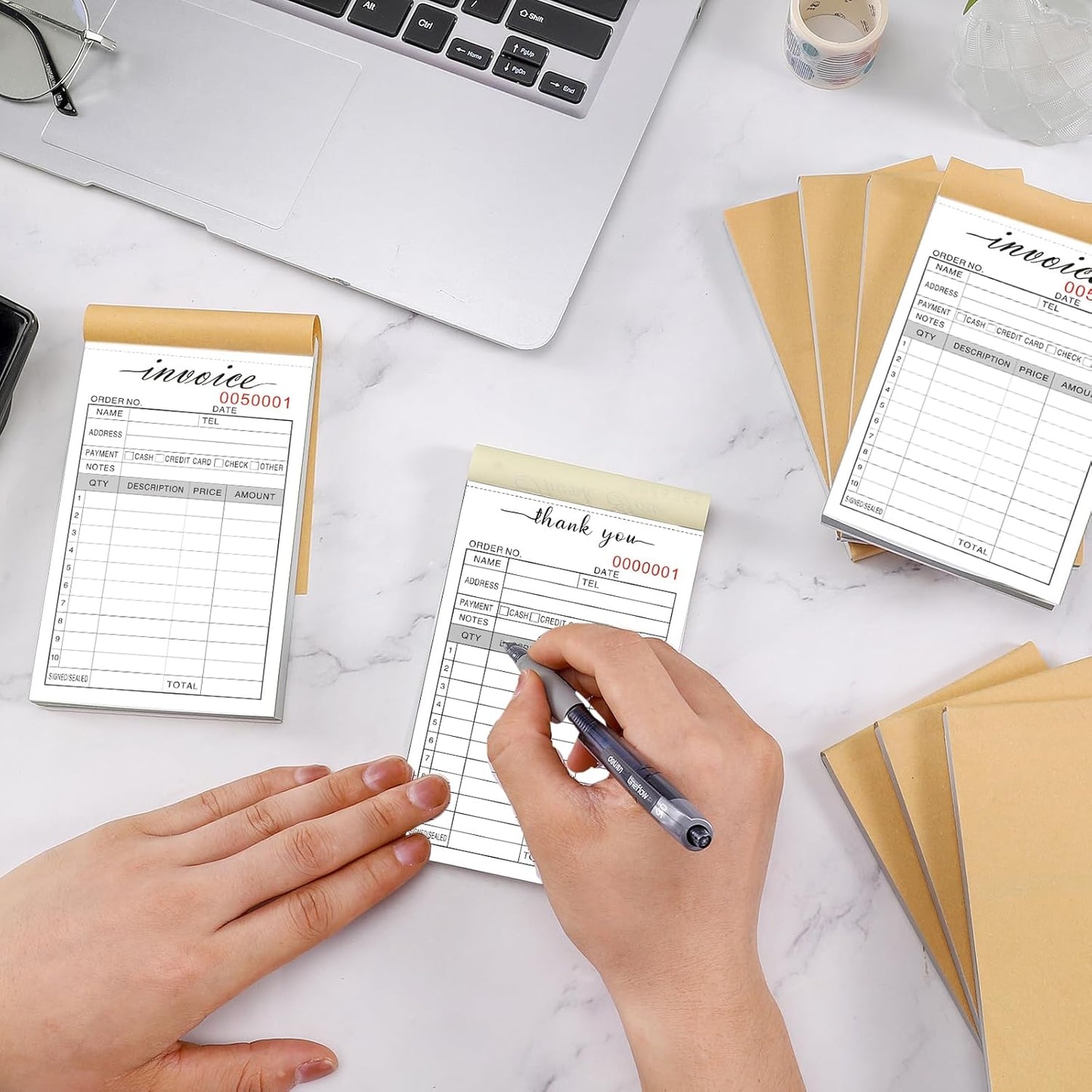 12 Pack Thank You Receipt Book, 3.4x5.5" Handheld 2-Part Carbonless Sales Invoice Book, Invoice Pad with Cardboard for Small Boutique Business, (50 Sets)