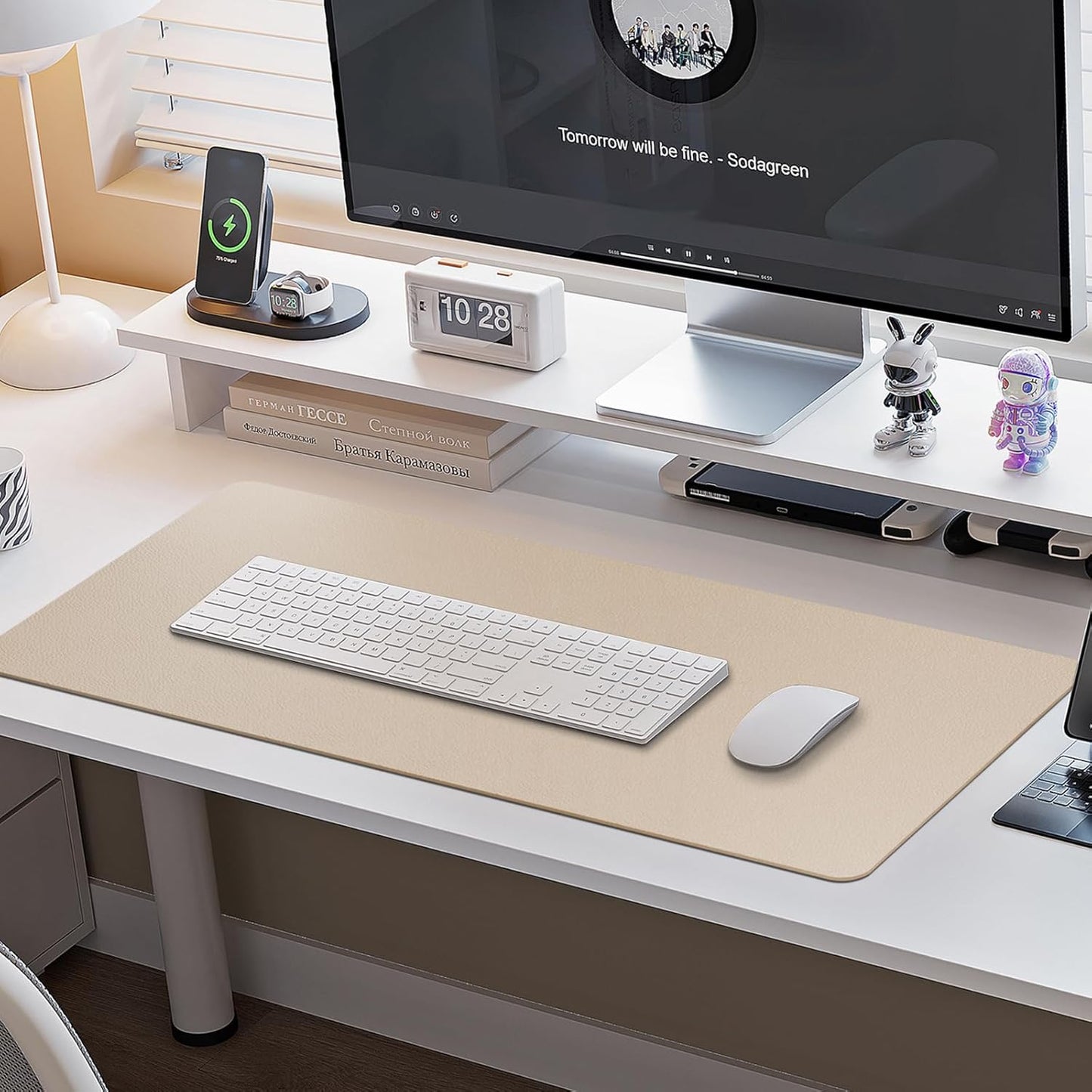 Boutilon Leather Desk Pad Protector,Non-Slip Mouse Pad,Laptop Desk Pad,Office Mouse Mat,Waterproof Leather Desk Blotter,Desk Writing Pad for Office and Home (M-Beige,30"x14")