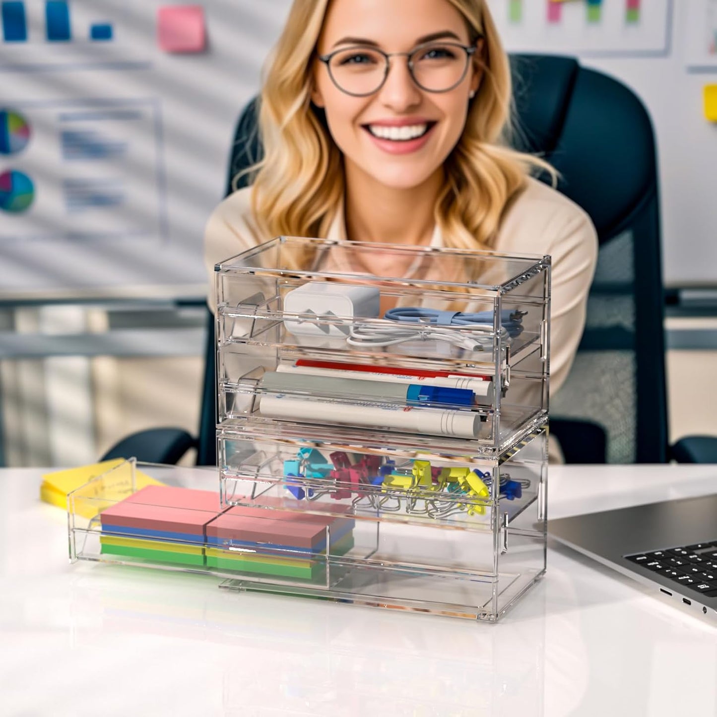 Desk Organizer Drawer Office Storage: 4 Plastic Drawers Organizers for Small Accessories, Clear Box for Stationery Supplies Organization, Storage Acrylic Bins Holder for Classroom Table