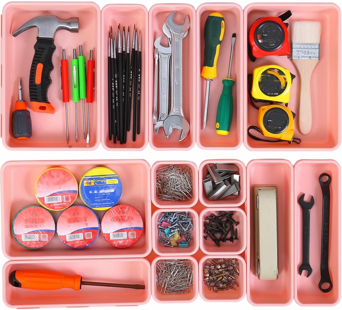 15 PCS Interlocking Desk Drawer Organizer Separator for Office,Bathroom,Kitchen,Makeup(Pink)