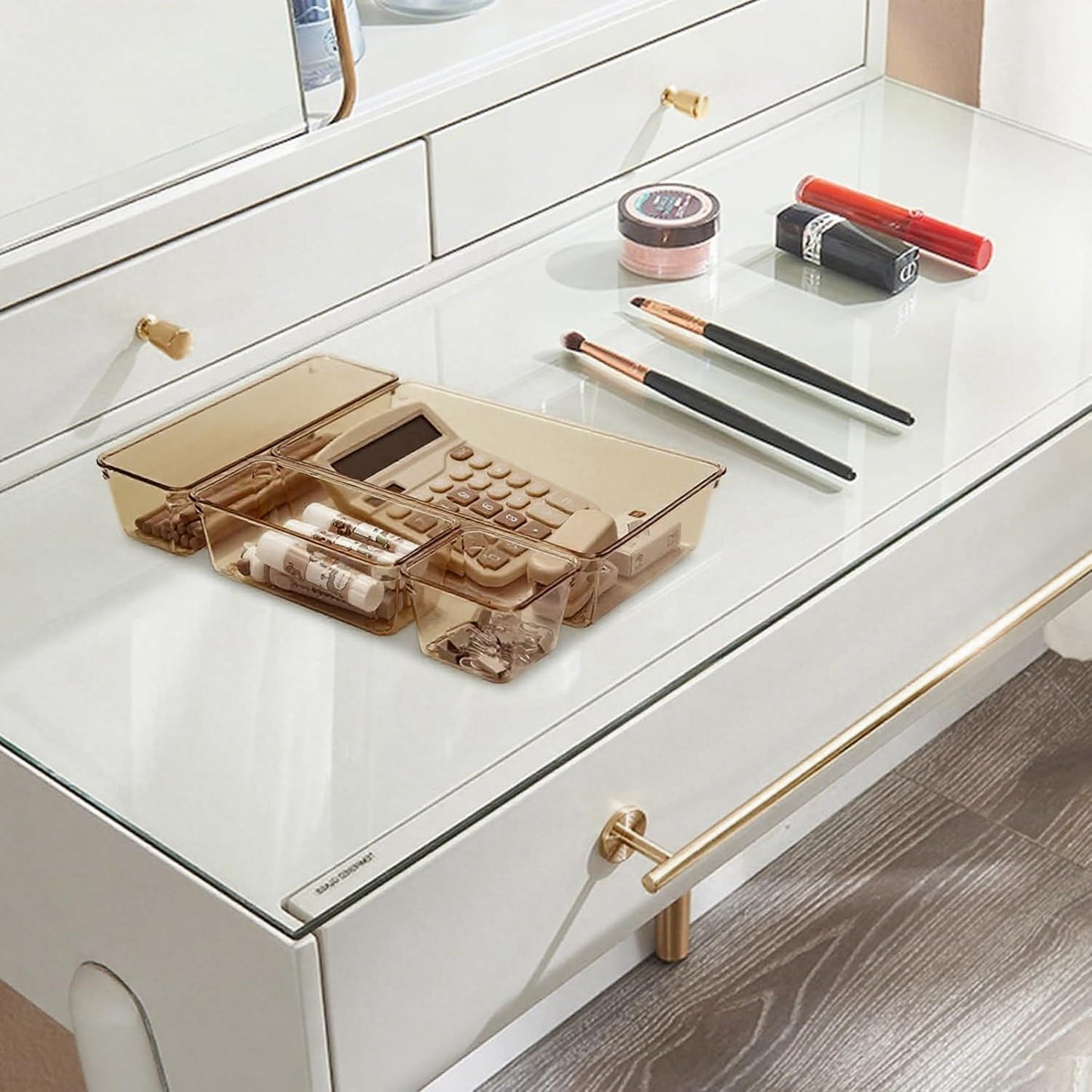 Kitchen Desk Drawer Organizers Storage for Office, Small Acrylic Vanity Trays Makeup Organizer for Drawer Bathroom Plastic Make up Organizers 25 Pcs Clear Champagne