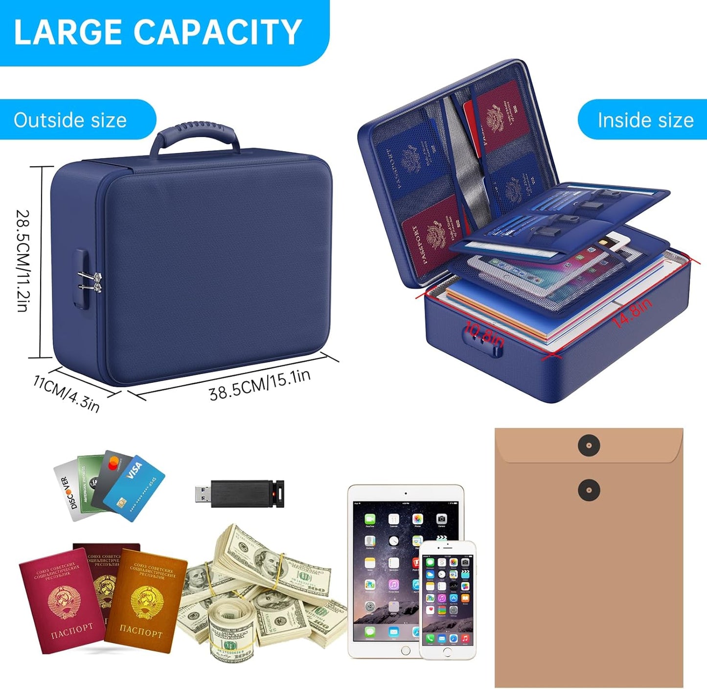 ENGPOW 5200°F Fireproof Document Bag with Lock, Upgraded Heat Insulated Fireproof&Waterproof Box 8 Layers Document Organizer, Portable Home Travel Safe Storage Box for Important Files, Laptop, Blue