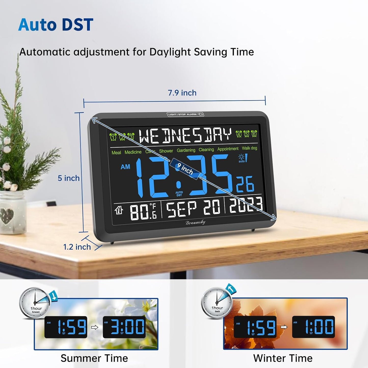 DreamSky Digital Clock with Date and Day of Week - Large Calendar Clock for Seniors Elderly, Loud Alarm Clock for Bedroom Desk, Backlight Dimmer, Adjustable Volume, USB Port, Auto DST, Battery Backup