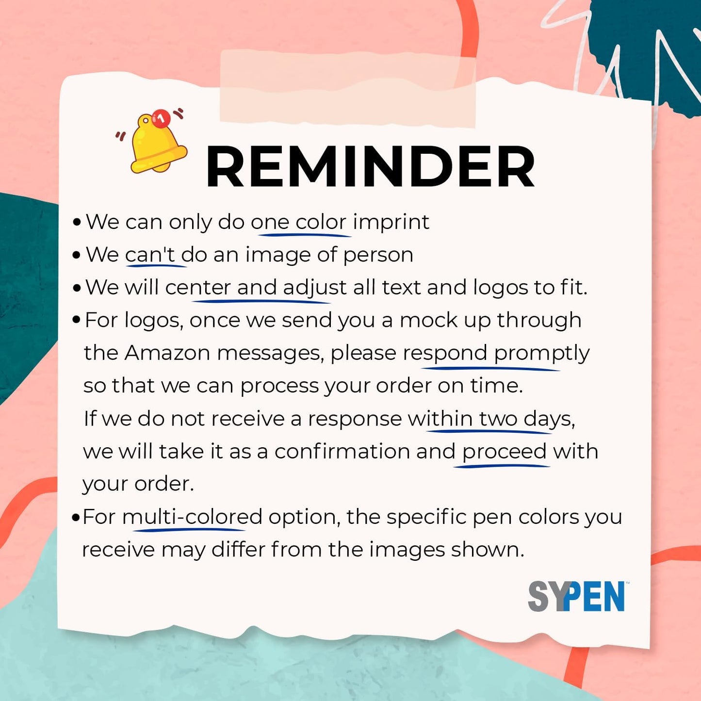 SyPen Personalized Pens With your Custom Logo or Text-500 Pack Bulk-for Businesses, Parties, and Events, Custom Printed Slim Ballpoint Click Pens, Assorted Barrel Colors, Black Ink