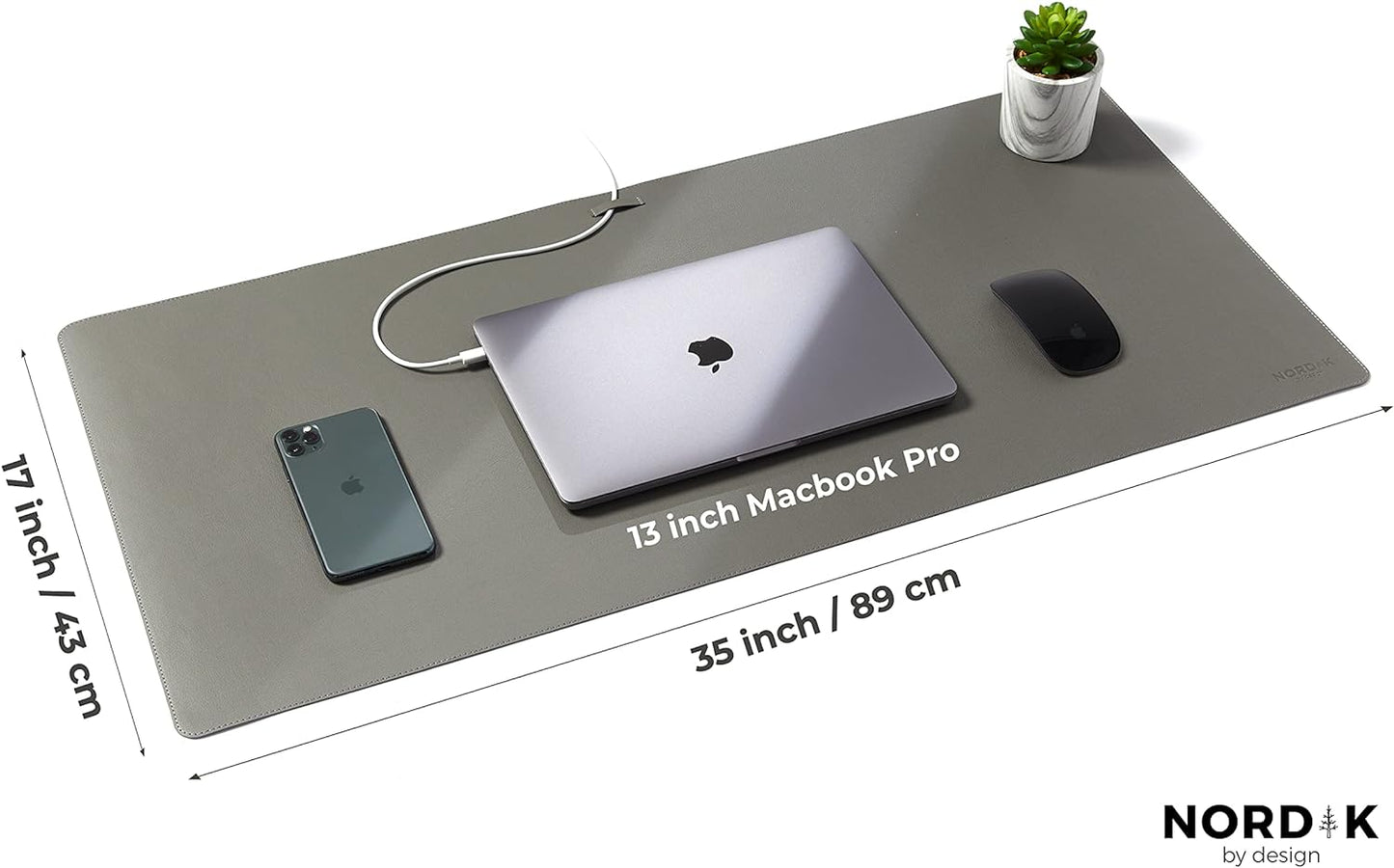 Nordik Leather Desk Mat Cable Organizer - Alaskan Gray 35 X 17 inch - Premium Extended Mouse Mat for Home Office Accessories - Non-Slip Vegan Leather Desk Pad Protector & Desk Blotter Pad
