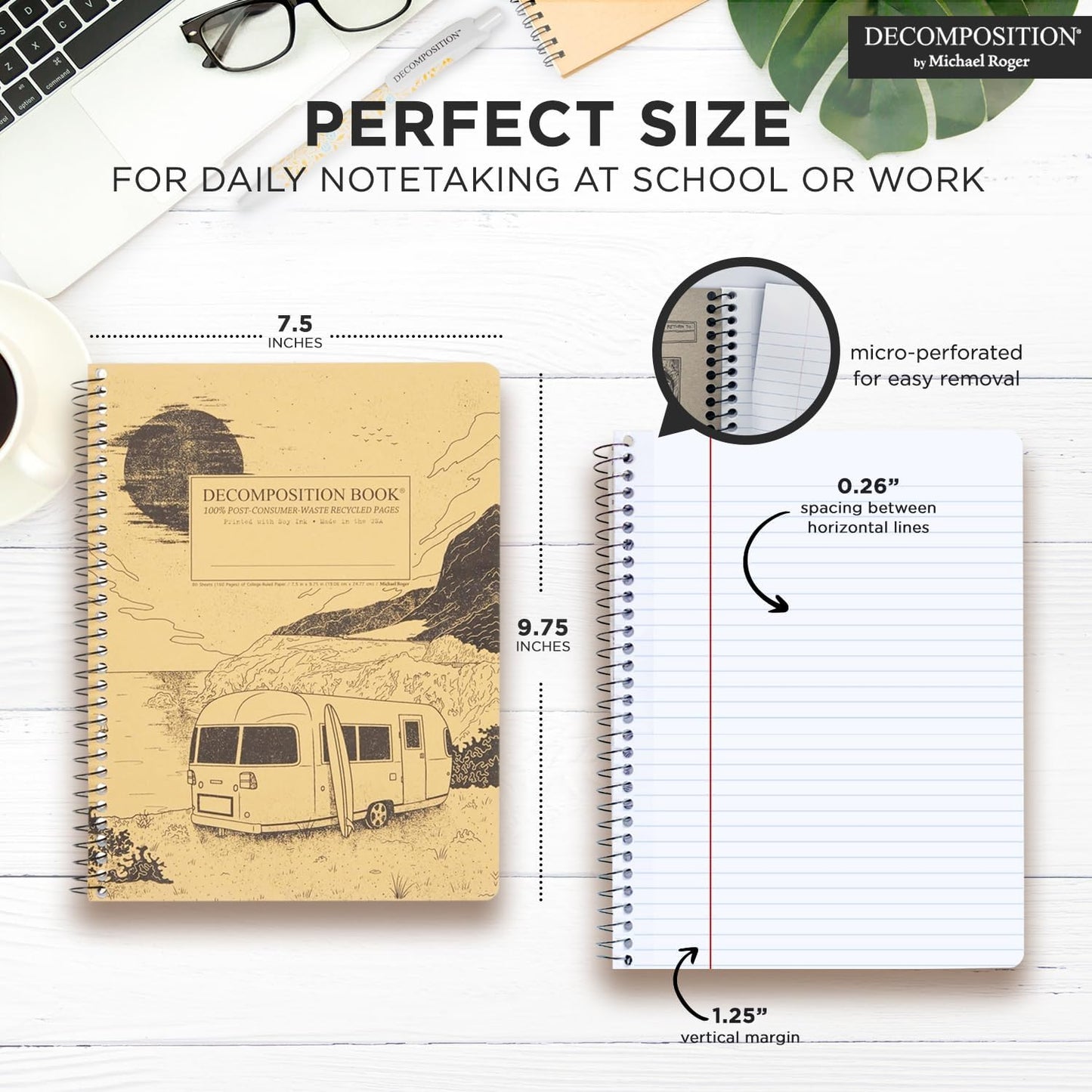 Decomposition Big Sur College Ruled Spiral Notebook - 9.75 x 7.5 Journal with 160 Lined Pages - 100% Recycled Paper - Notebooks for School Supplies, Home & Office - Made in USA