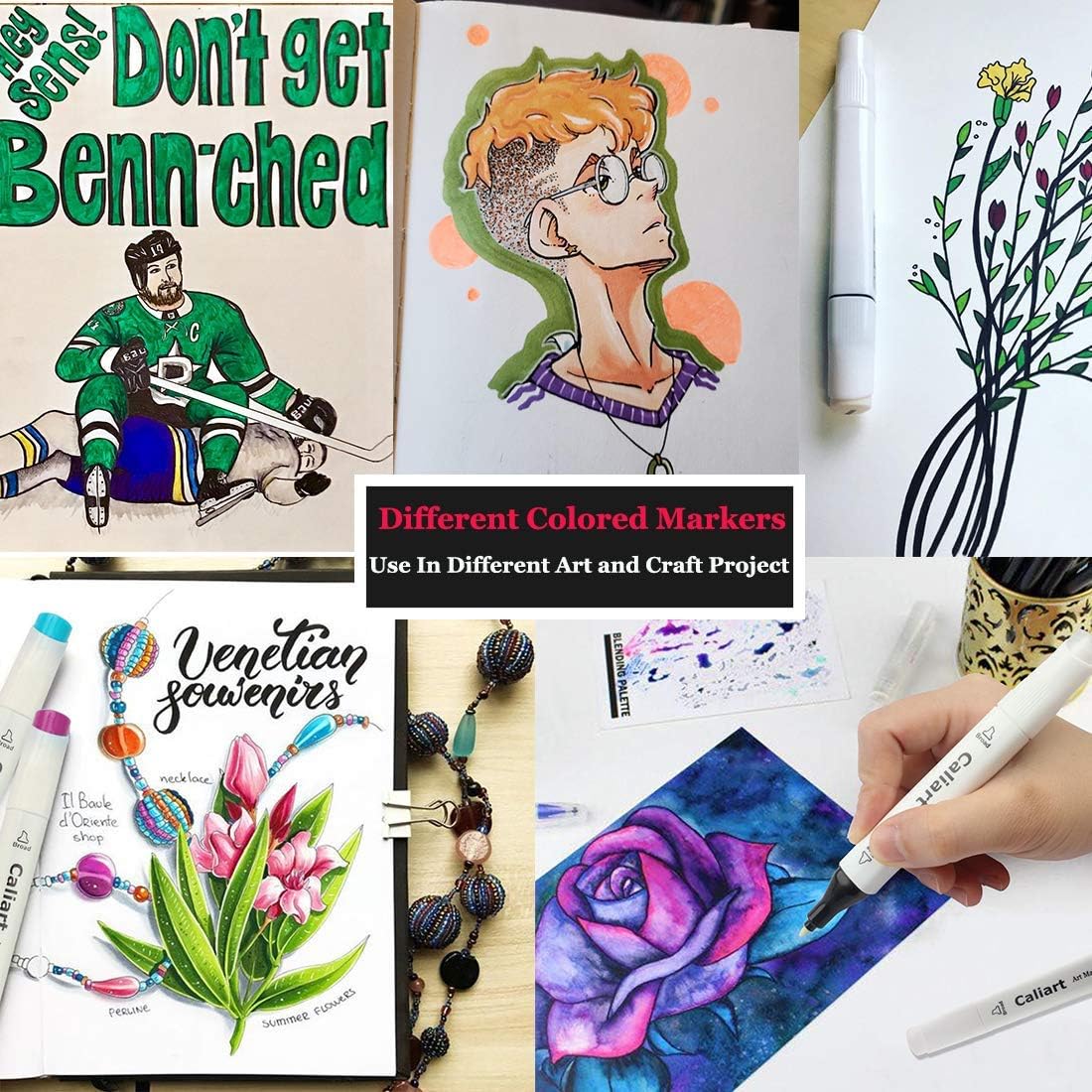 Caliart Markers, 100 Colors Dual Tip Art Markers Sketch Pens Permanent Alcohol Based, with Case for Adult Kids Halloween Drawing Sketching (Black Barrel)