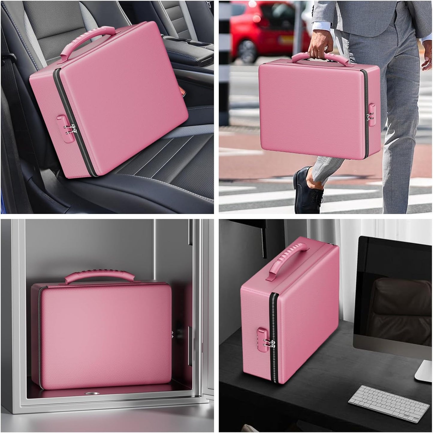 ENGPOW Fireproof Document Box, Hard Case File Box with Fireproof Zipper&Lock, 6400°F Heat Insulated Fire and Water Resistant File Organizer Storage Safe for Important Documents Laptop Cash, Pink
