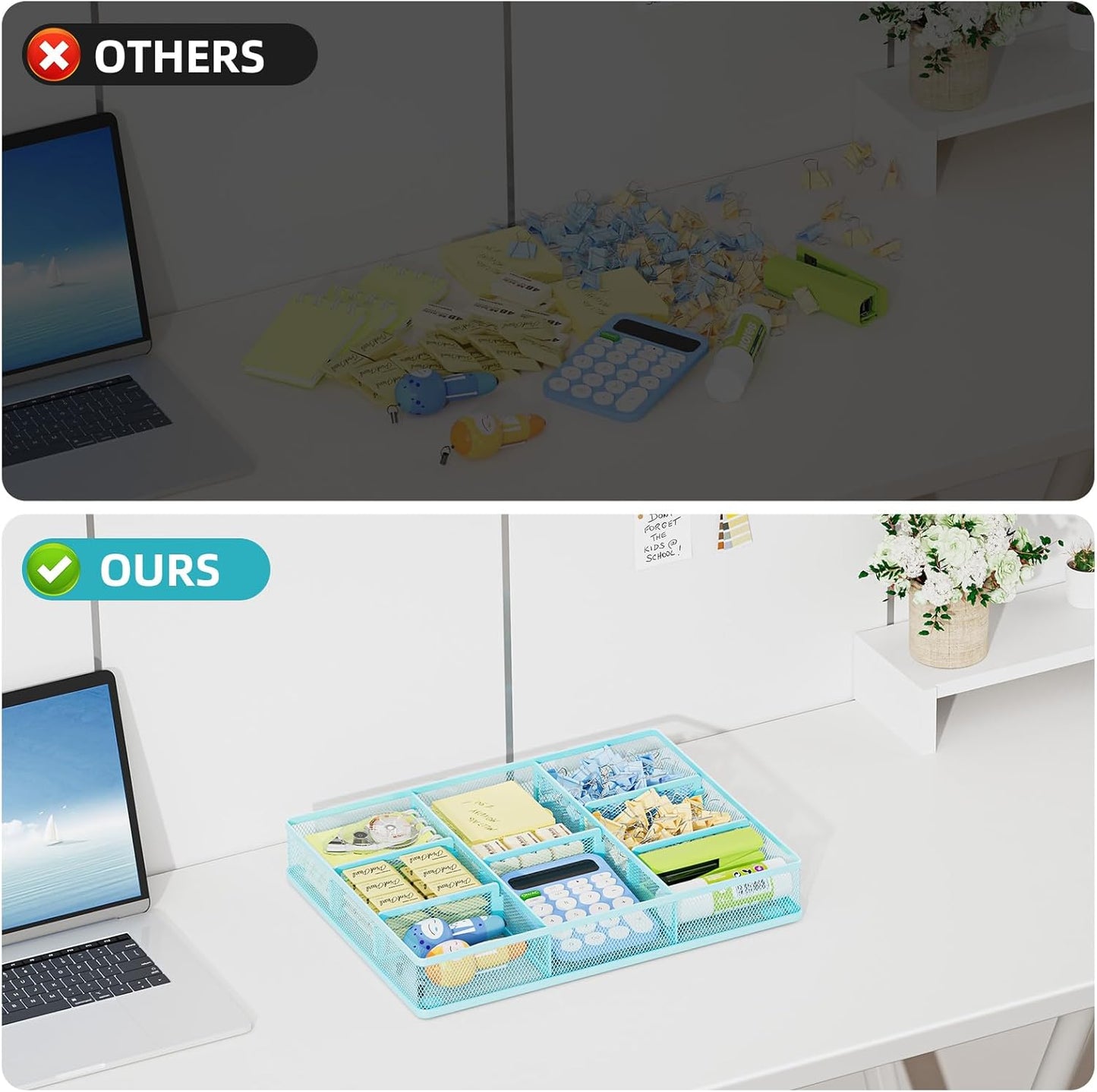 Marbrasse Desk Drawer Organizer, Metal Mesh Drawer Organizer Tray with 5 Adjustable Compartments,Desk Organizers and Accessories for Home,Office,Kitchen,Makeup,Vanity (Blue)