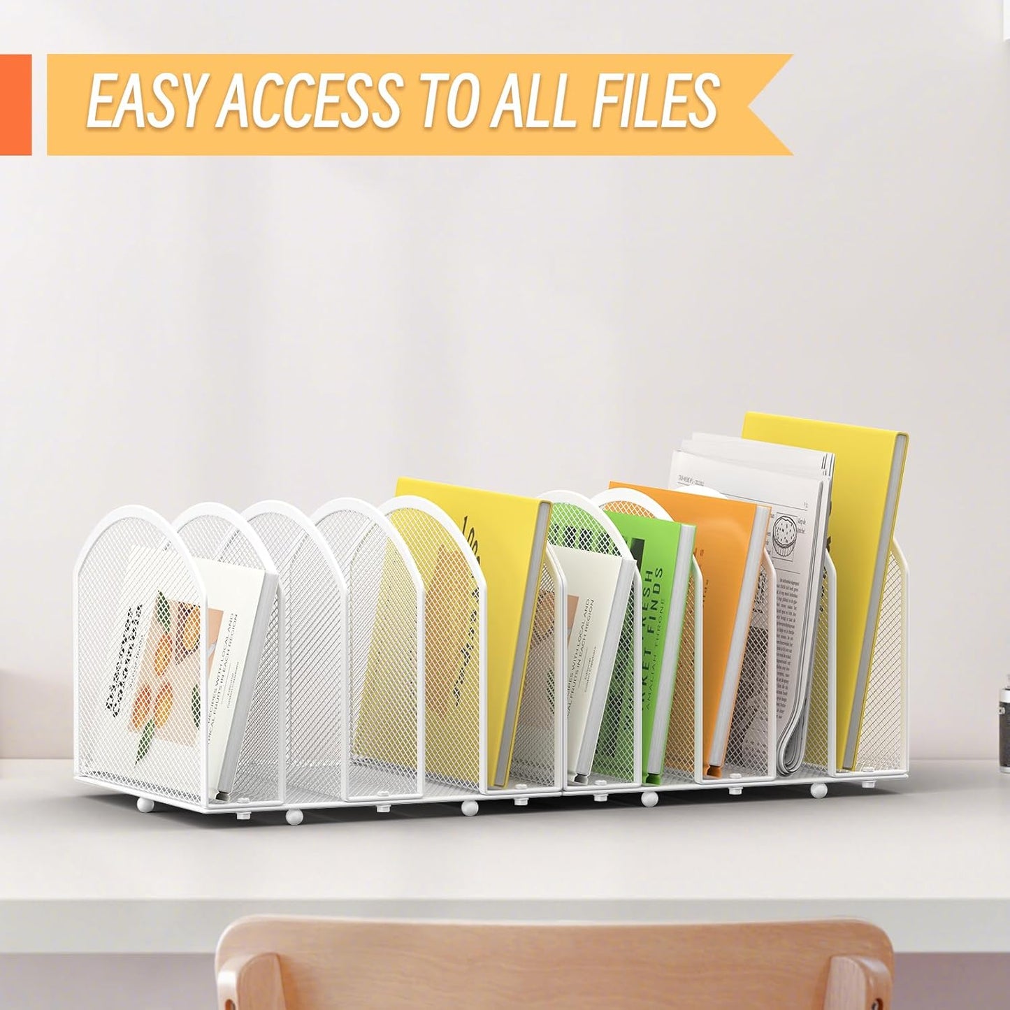 Desk File Organizer 5 Sections Desktop Organizer File Sorter Office Organization File Folder Holder for Office School & Classroom (White, 5 Section - 1Pack)