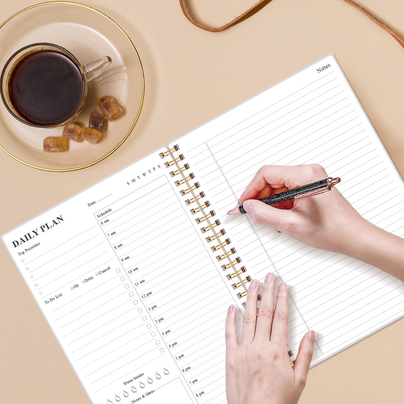 Daily Planner Undated - B5 To Do List Notebook Hourly Schedules, Spiral Appointment Planner for Women and Men, PVC Hardcover, Inner Pocket, Elastic Closure, 7" x 10", Rose Leaf