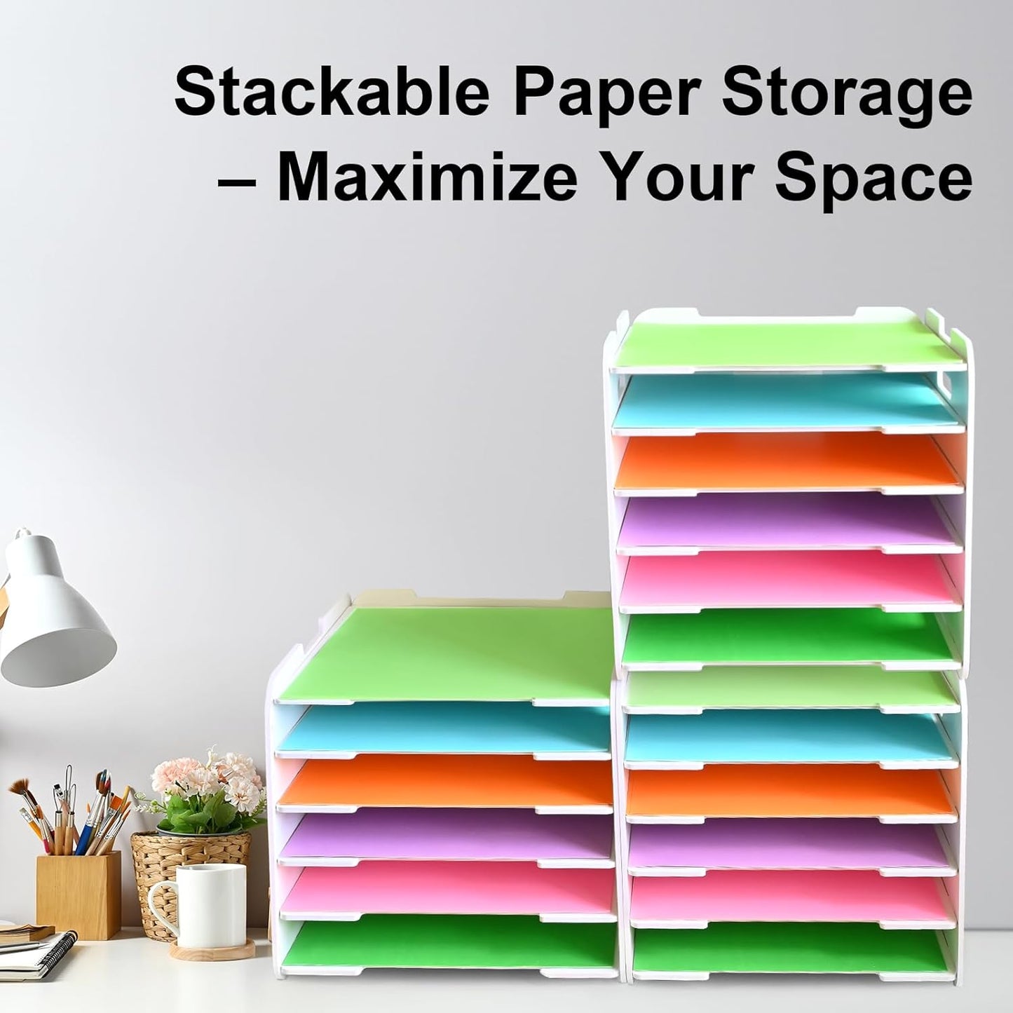 12x12 Paper Organizer, 6-Tier Scrapbook Paper Storage, Stackable Desktop File Holder for Home, Office, Classroom, and Craft Room