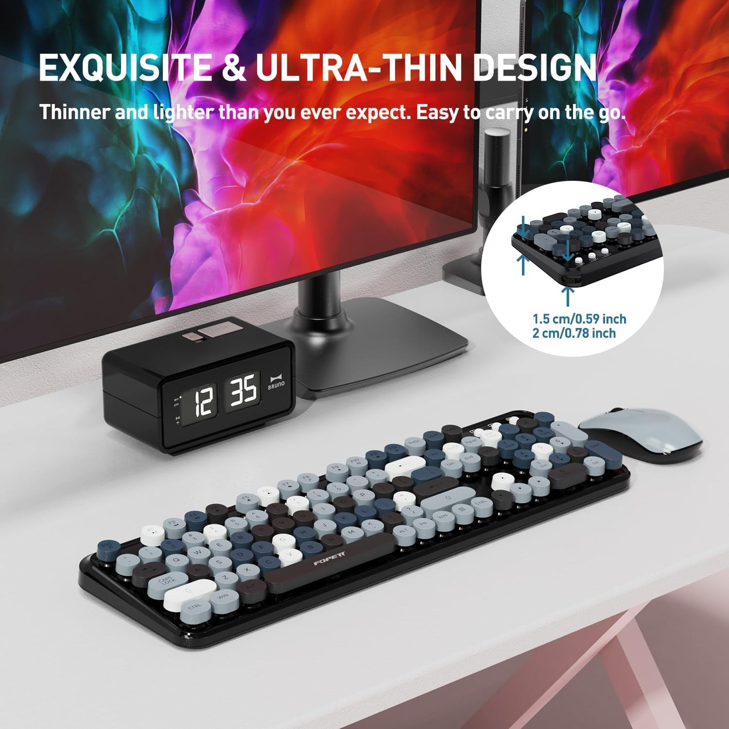 FOPETT 2.4GHz Wireless Keyboard and Mouse Set with Switch Button - Full-Size Keyboard - Compatible for Windows/Laptop/PC/Notebook/Smart TV and More - Grey Colorful